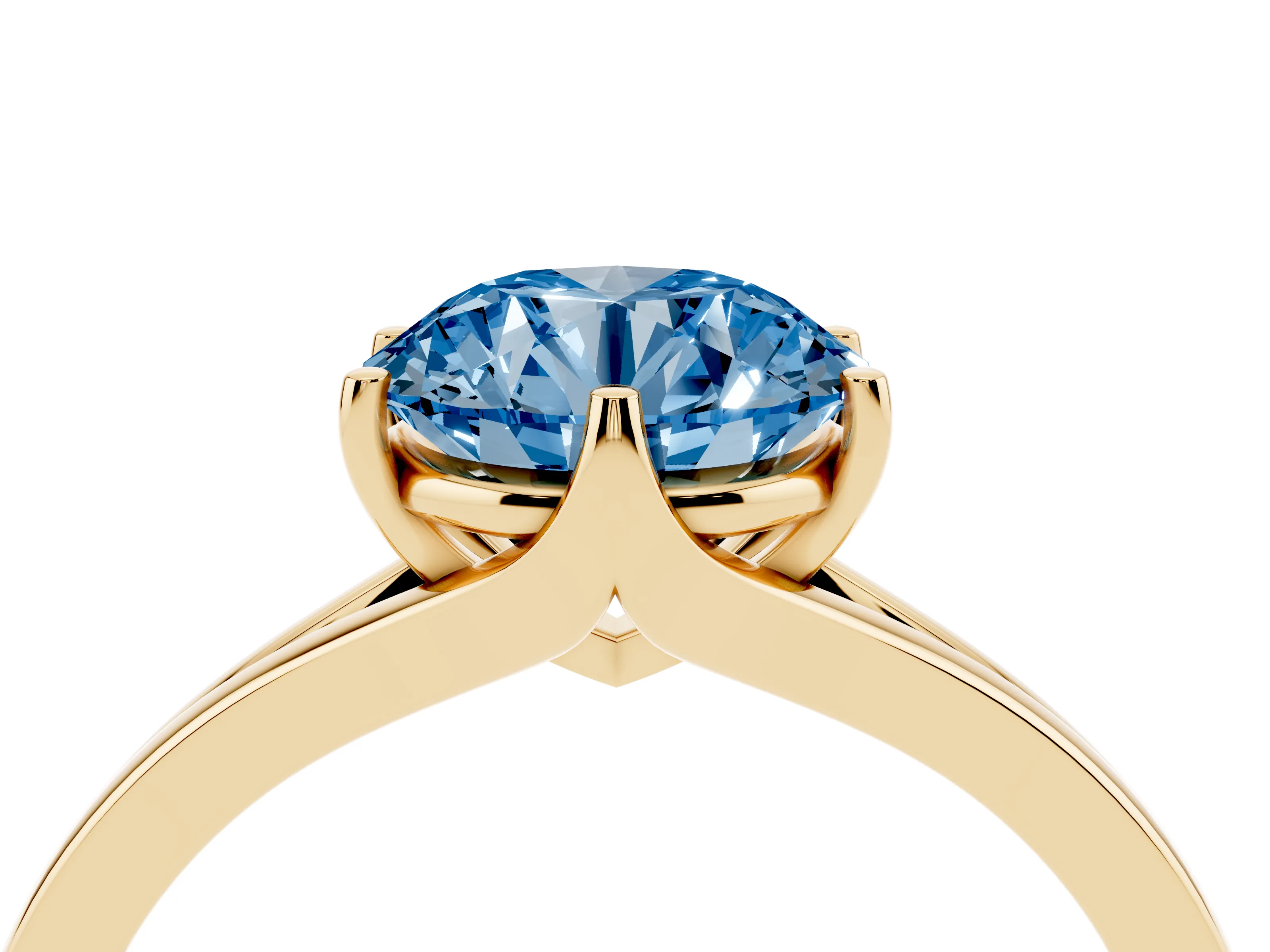 Fancy Blue Round Cut Diamond Solitaire Ring Set in Yellow gold with Polished Tapered Band and Prong Setting