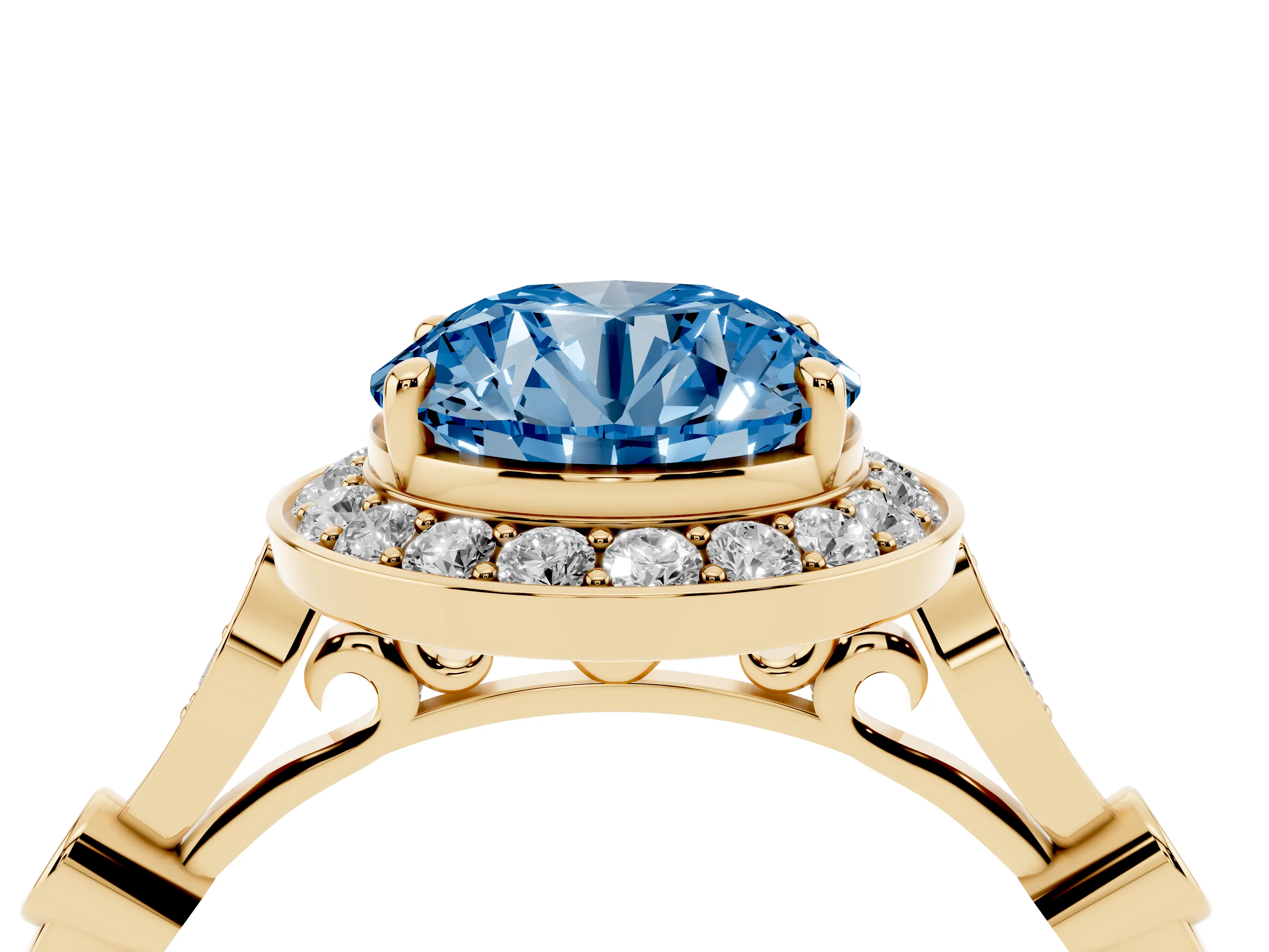 Fancy Blue Round Cut Diamond Halo Engagement Ring Set in Yellow gold with Twisted Band and Prong Setting