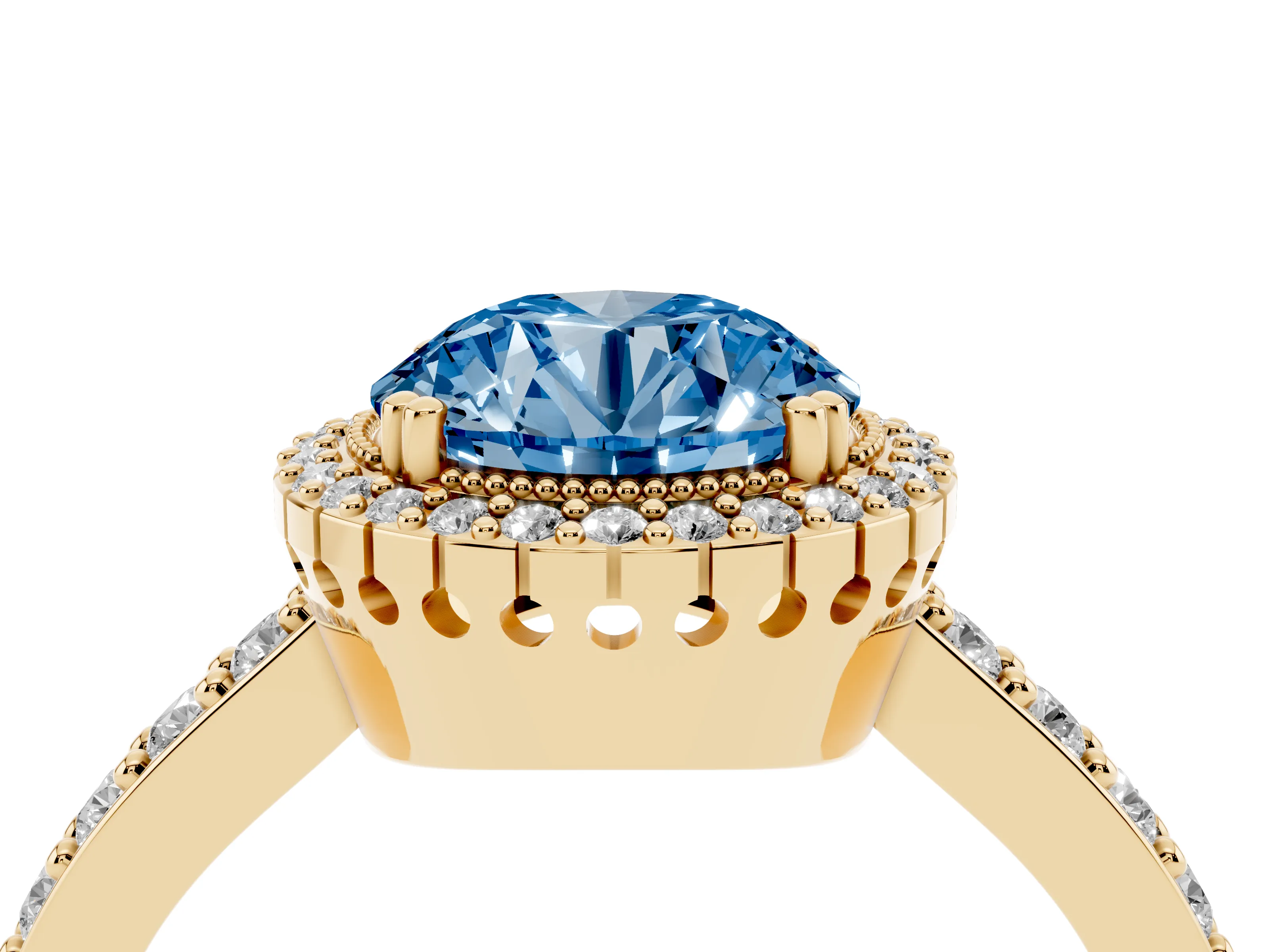 Fancy Blue Round Cut Diamond Halo Engagement Ring Set in Yellow gold with Milgrain Detail and Pavé Band