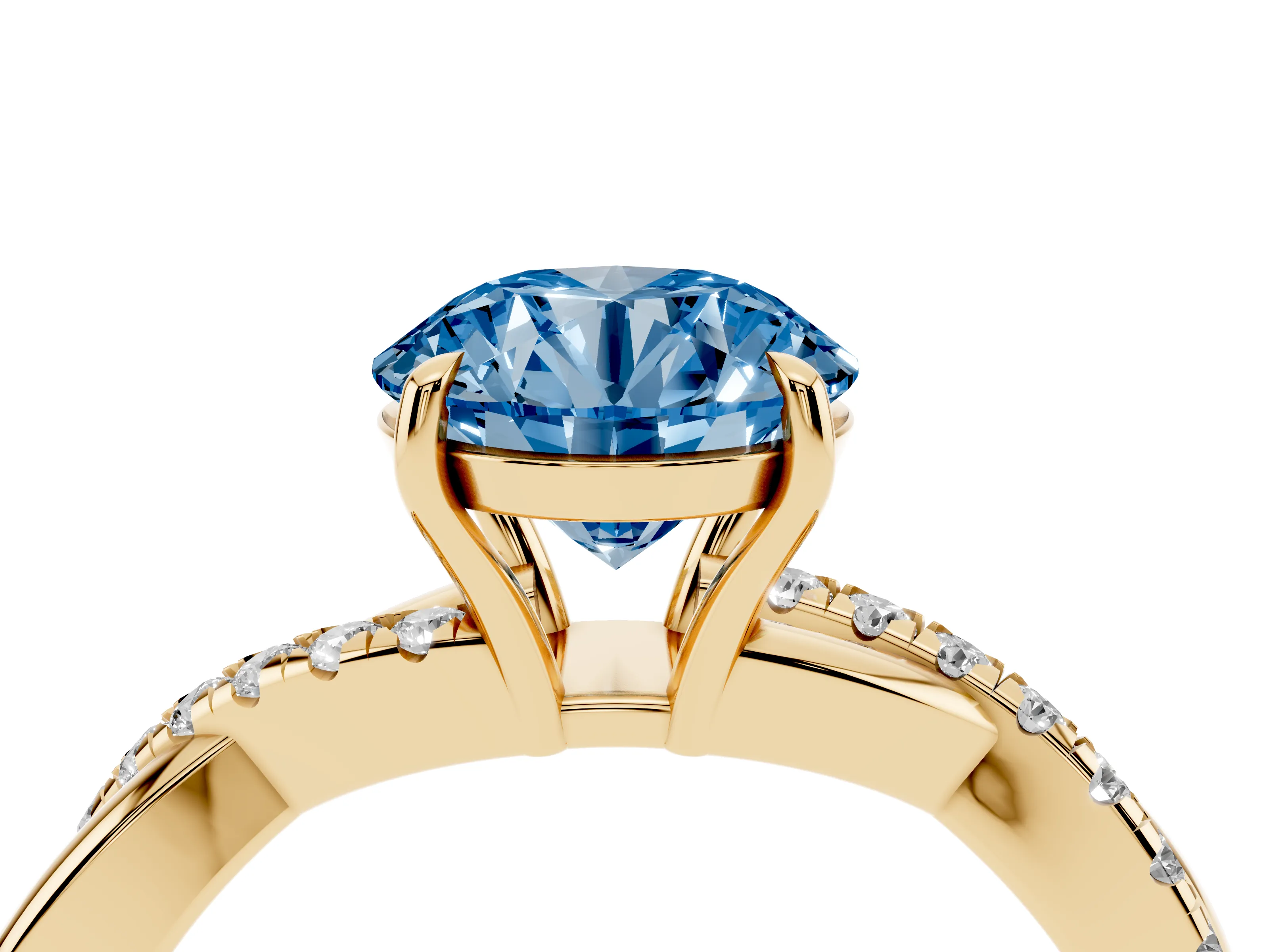 Fancy Blue Round Cut Diamond Twisted Pavé Band Ring Set in Yellow gold with Prong Setting