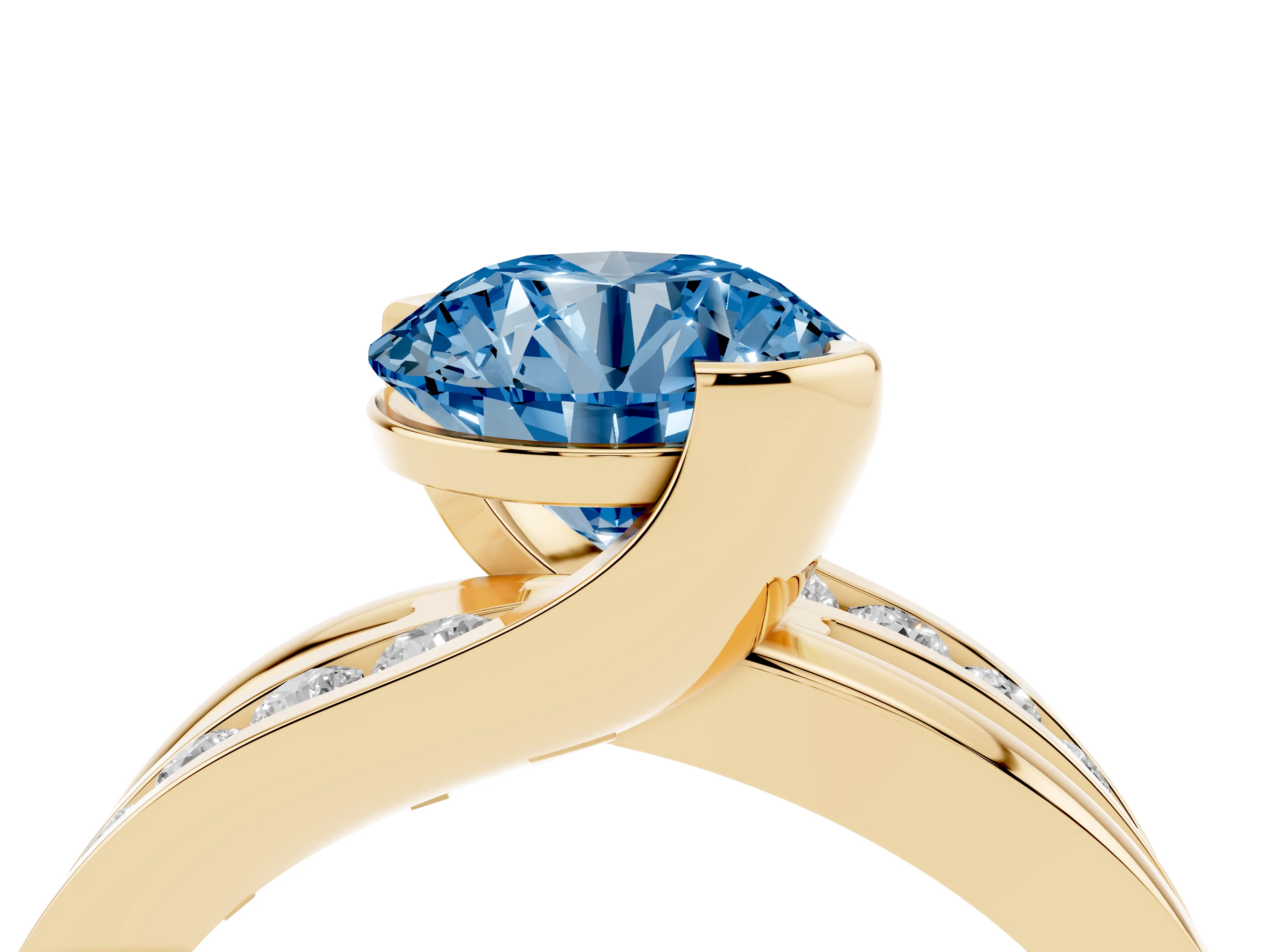 Fancy Blue Round Cut Diamond Solitaire Ring Set in Yellow gold with Channel Set Split Shank and Tension Prongs