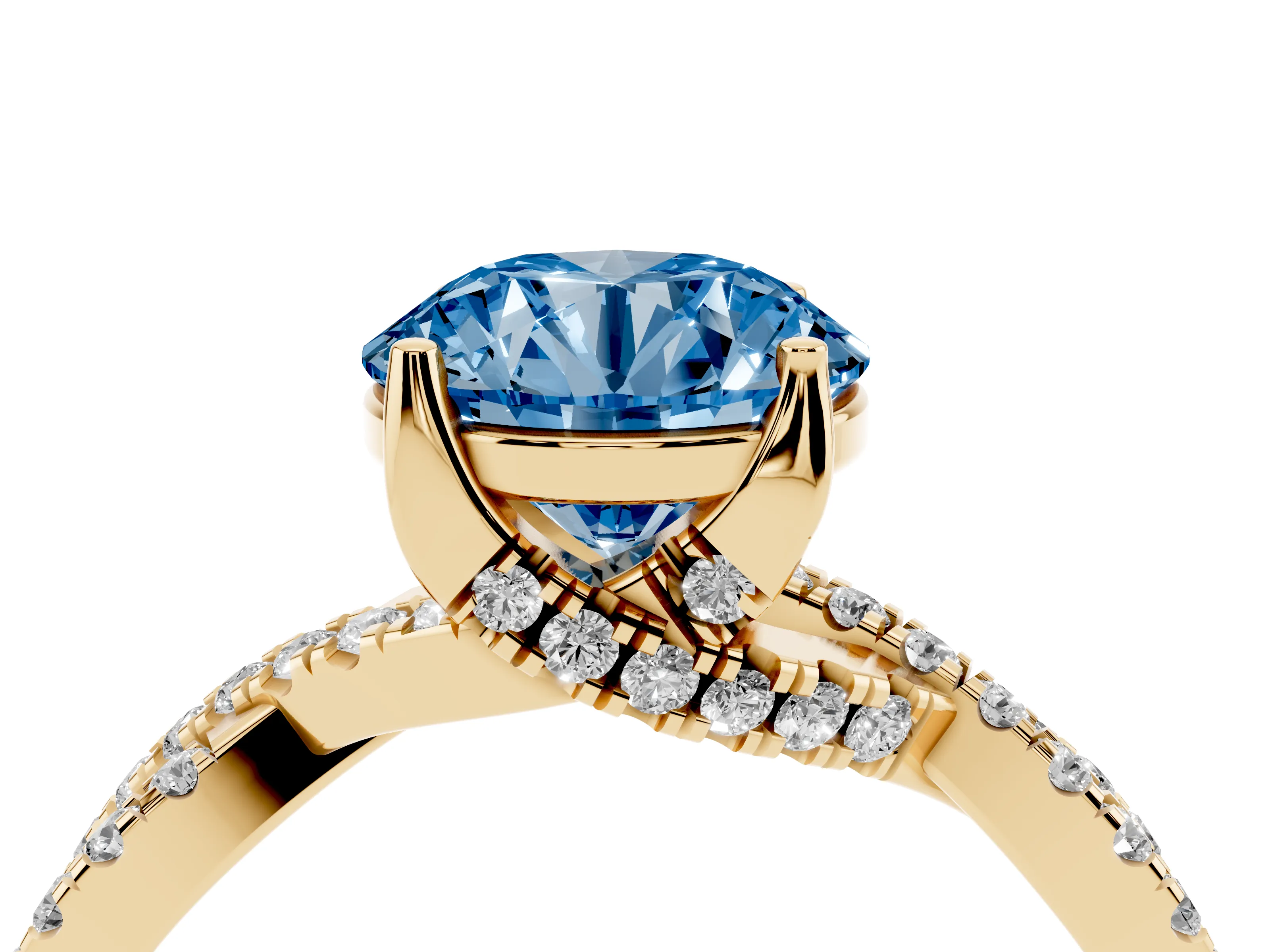 Fancy Blue Round Cut Diamond Twist Pavé Solitaire Engagement Ring Set in Yellow gold with Prong Setting