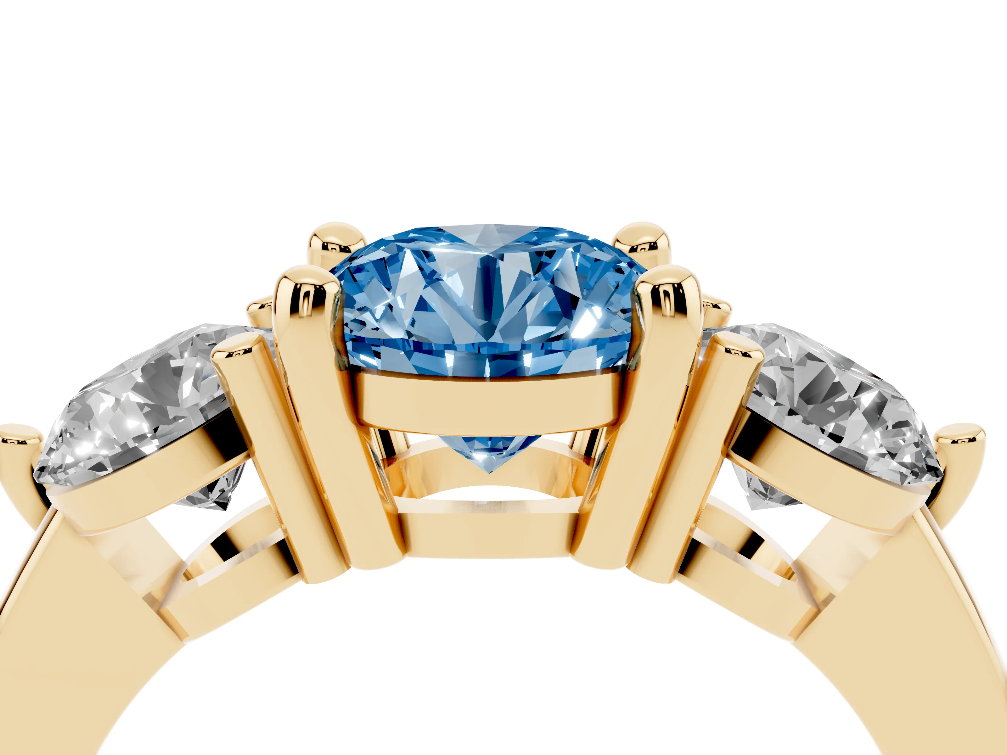 Fancy Blue Round Cut Diamond Three-Stone Ring Set in Yellow gold with Prong Setting and Classic Band
