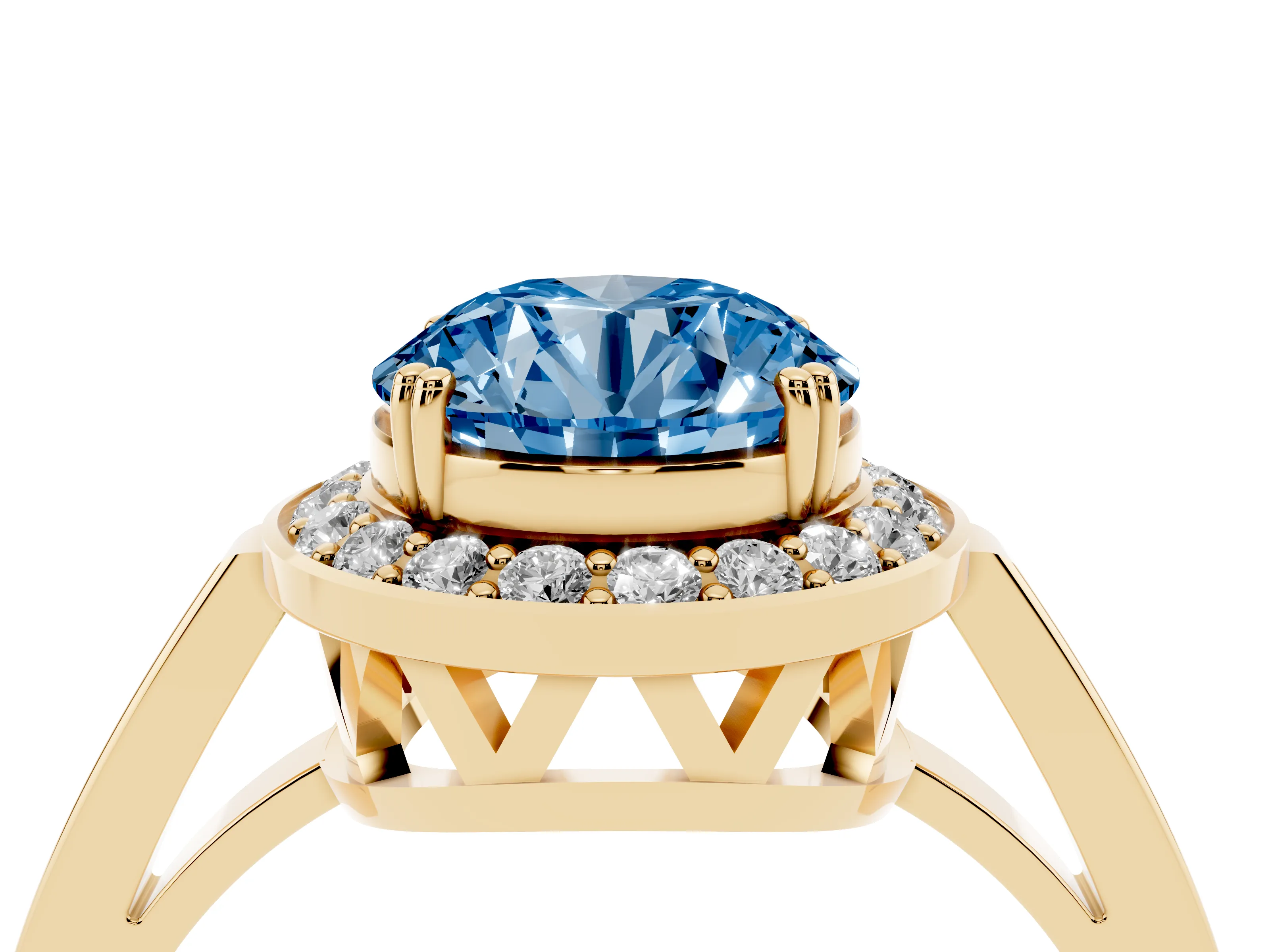 Fancy Blue Round Cut Diamond Halo Ring Set in Yellow gold with Accent-Lined Split Shank and Prong Setting