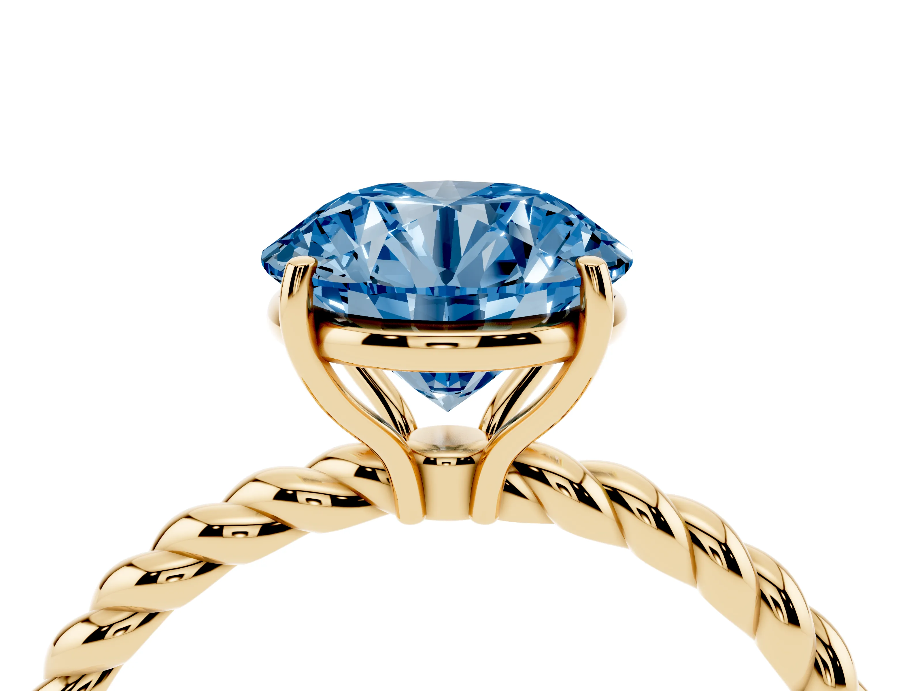 Fancy Blue Round Cut Diamond Solitaire Ring Set in Yellow gold with Twist Band and Prong Setting
