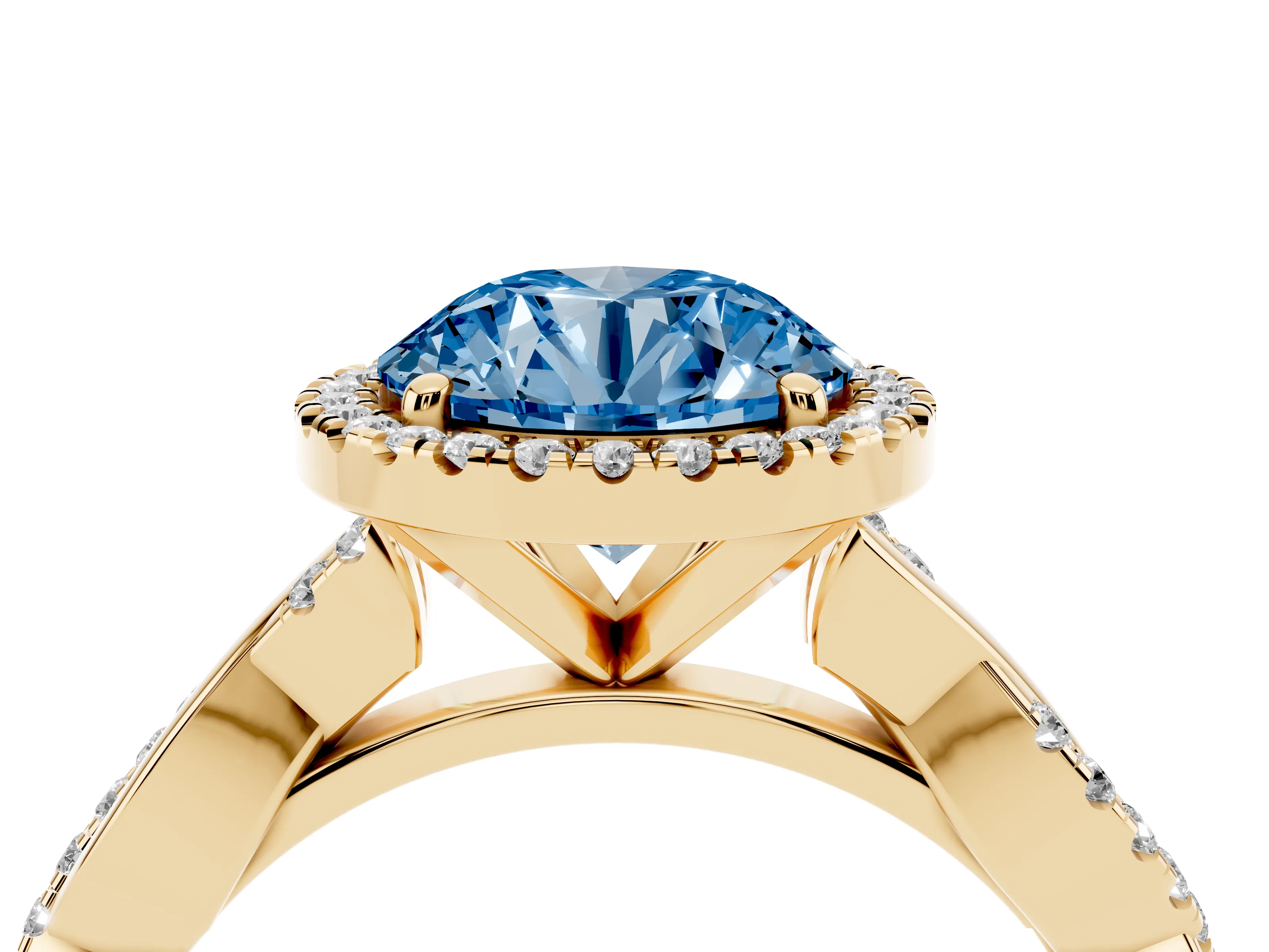 Fancy Blue Round Cut Diamond Halo Twisted Band Ring Set in Yellow gold with Prong Setting