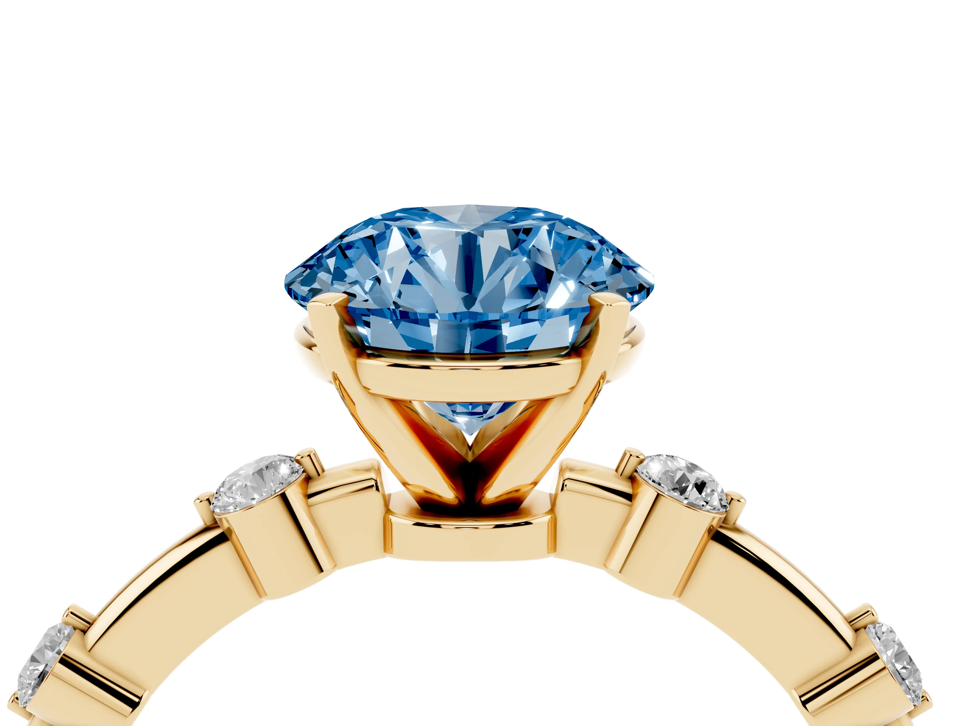 Fancy Blue Round Cut Diamond Solitaire Ring Set in Yellow gold with Bezel Set Side Stones and Prong Setting