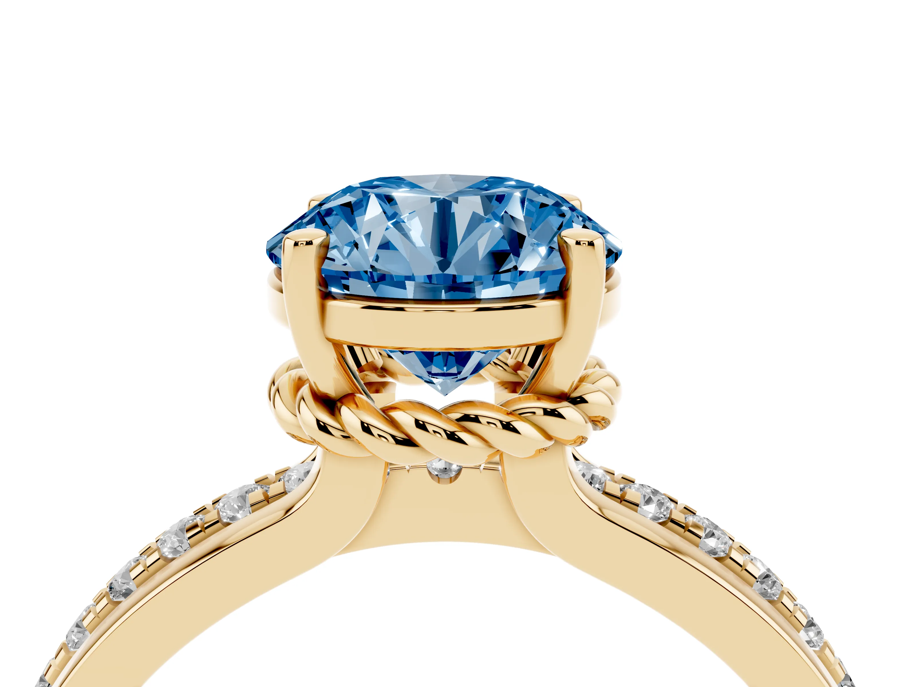 Fancy Blue Round Cut Diamond Solitaire Ring Set in Yellow gold with Channel Set Band and Prong Setting
