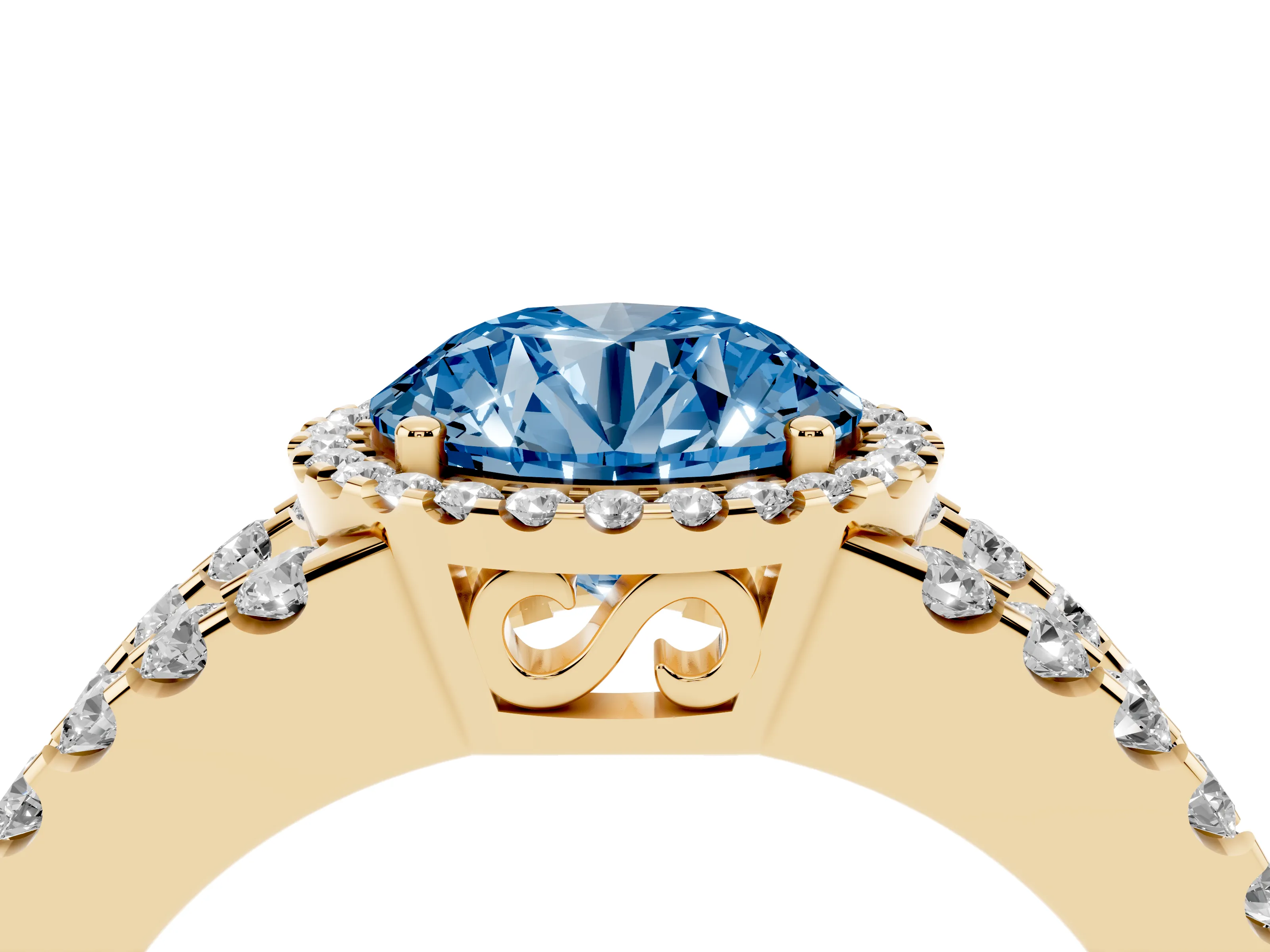 Fancy Blue Round Cut Diamond Halo Ring Set in Yellow gold with Pavé Split Shank and Prong Setting
