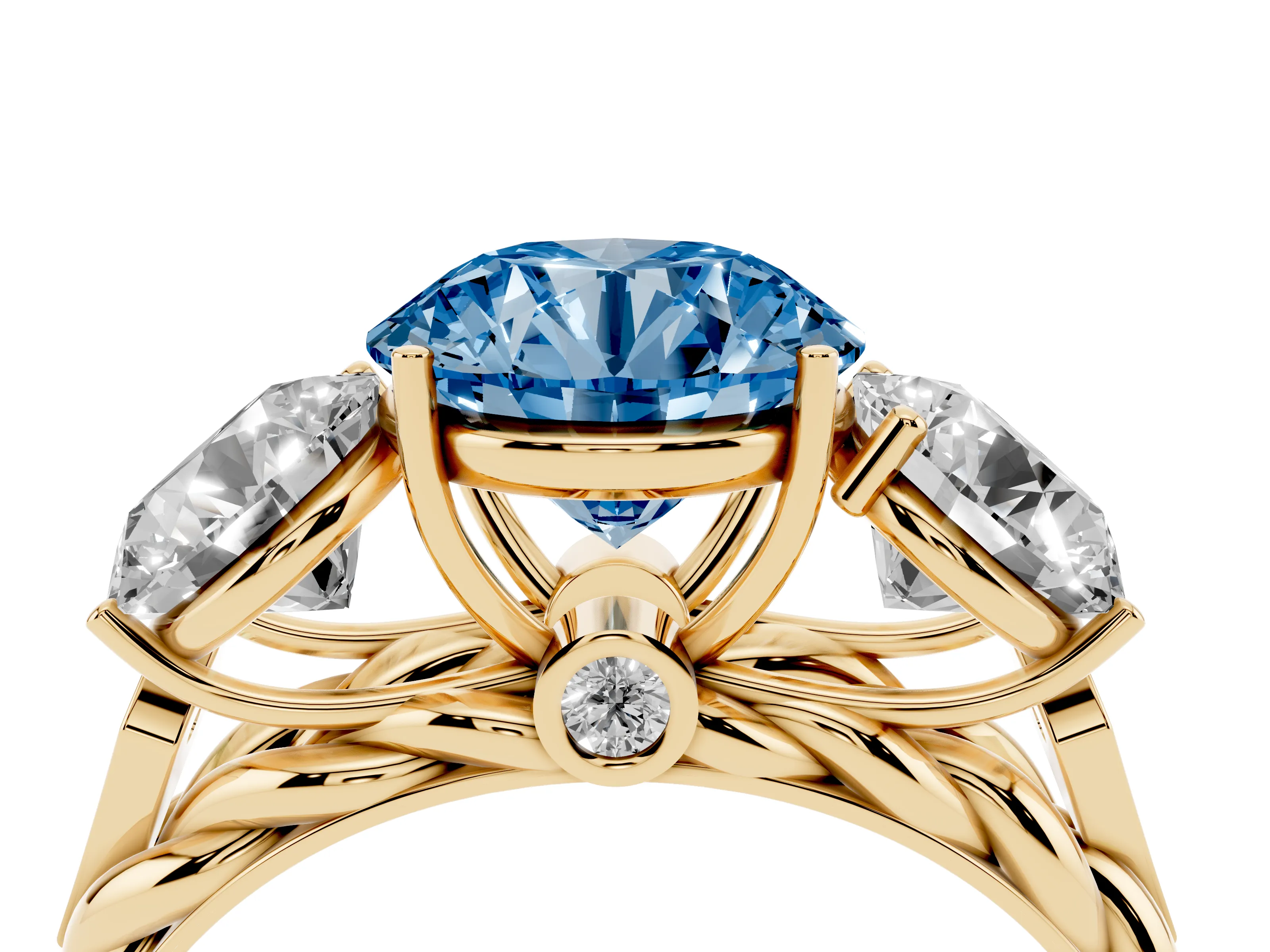 Fancy Blue Round Cut Diamond Three-Stone Ring Set in Yellow gold with Braided Band