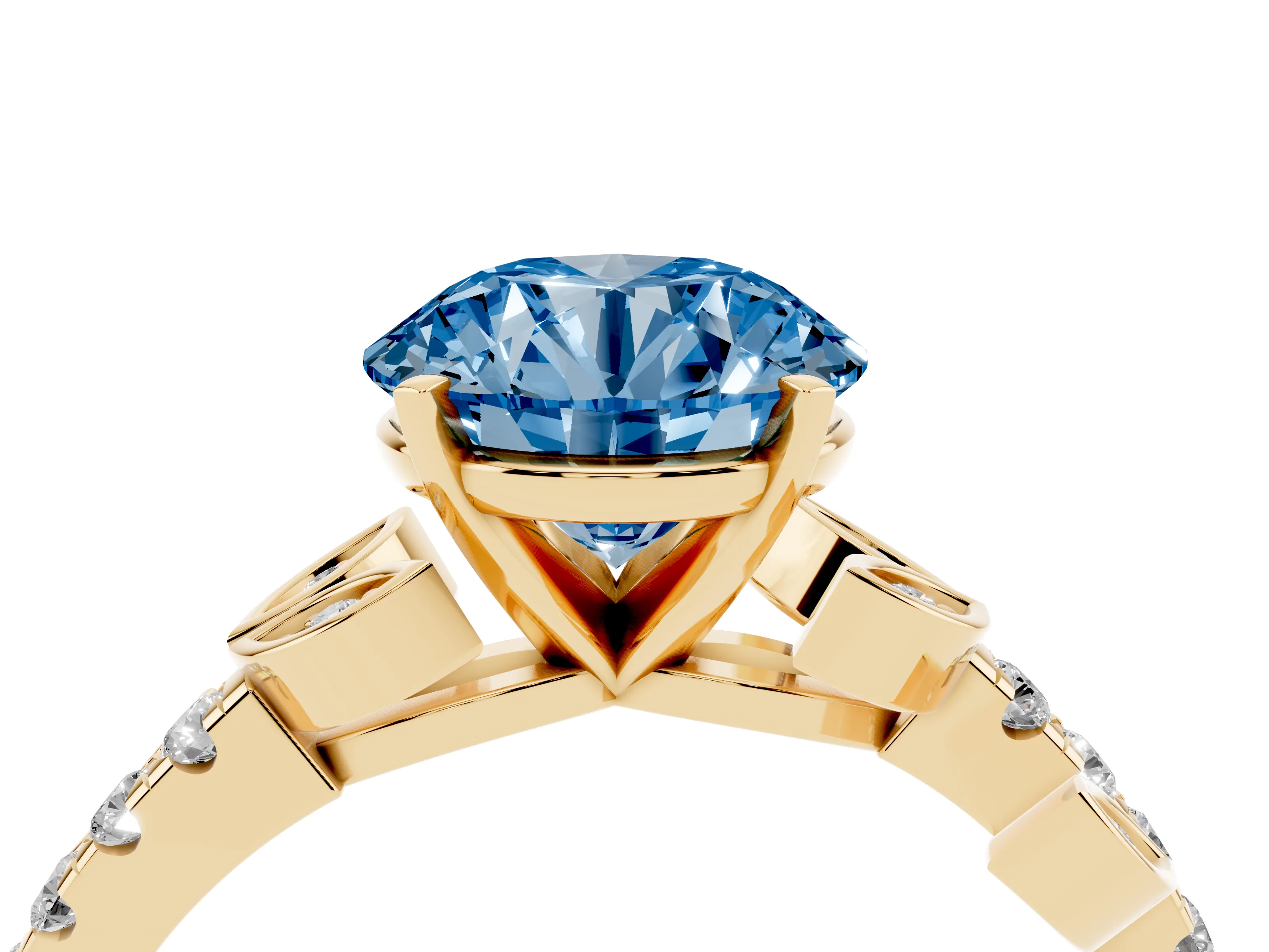 Fancy Blue Round Cut Diamond Solitaire Leaf-Inspired Ring Set in Yellow gold with Pavé Band and Prong Setting