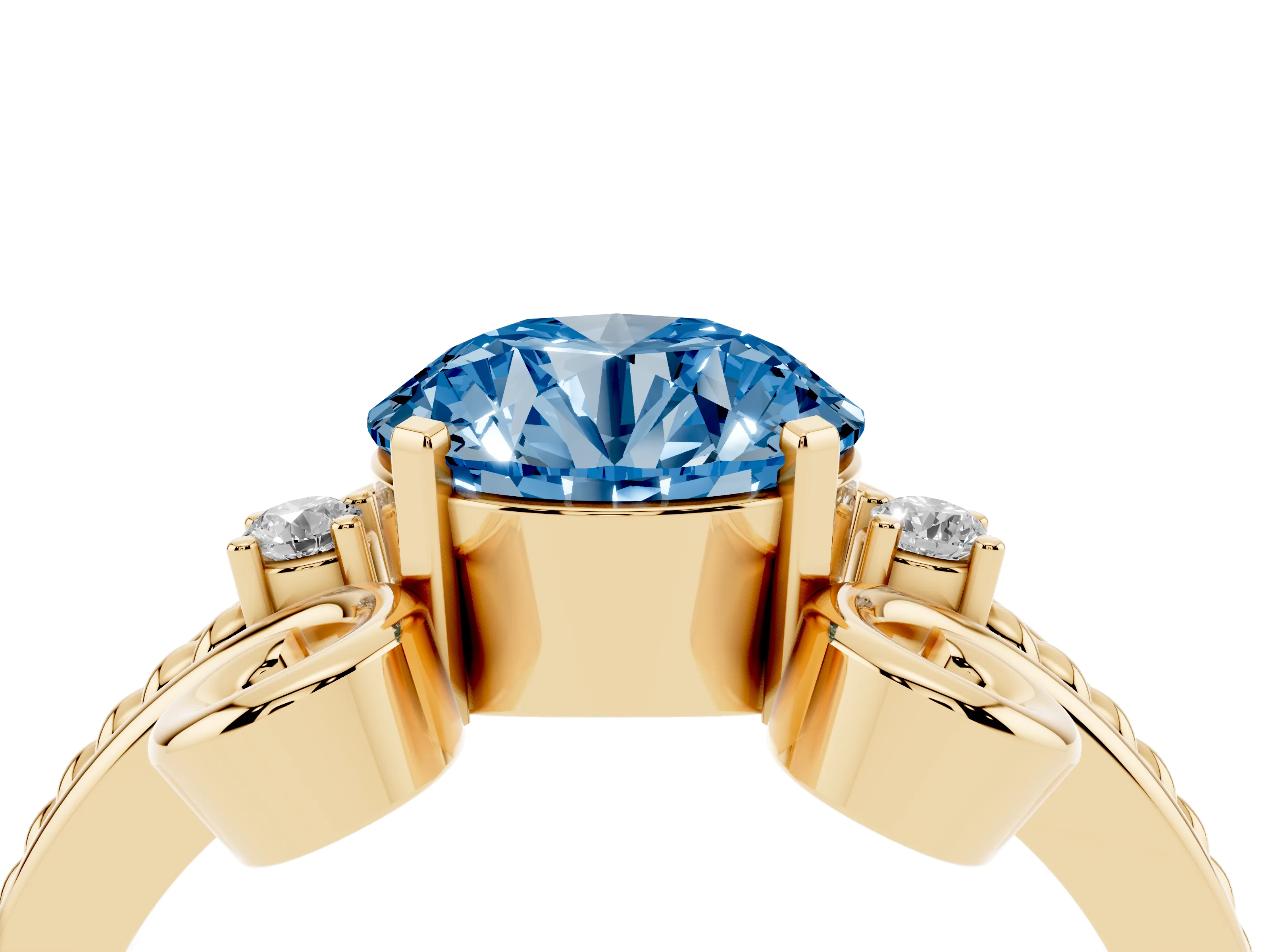 Fancy Blue Round Cut Diamond Twisted Band Solitaire Ring Set in Yellow gold with Scroll Prongs
