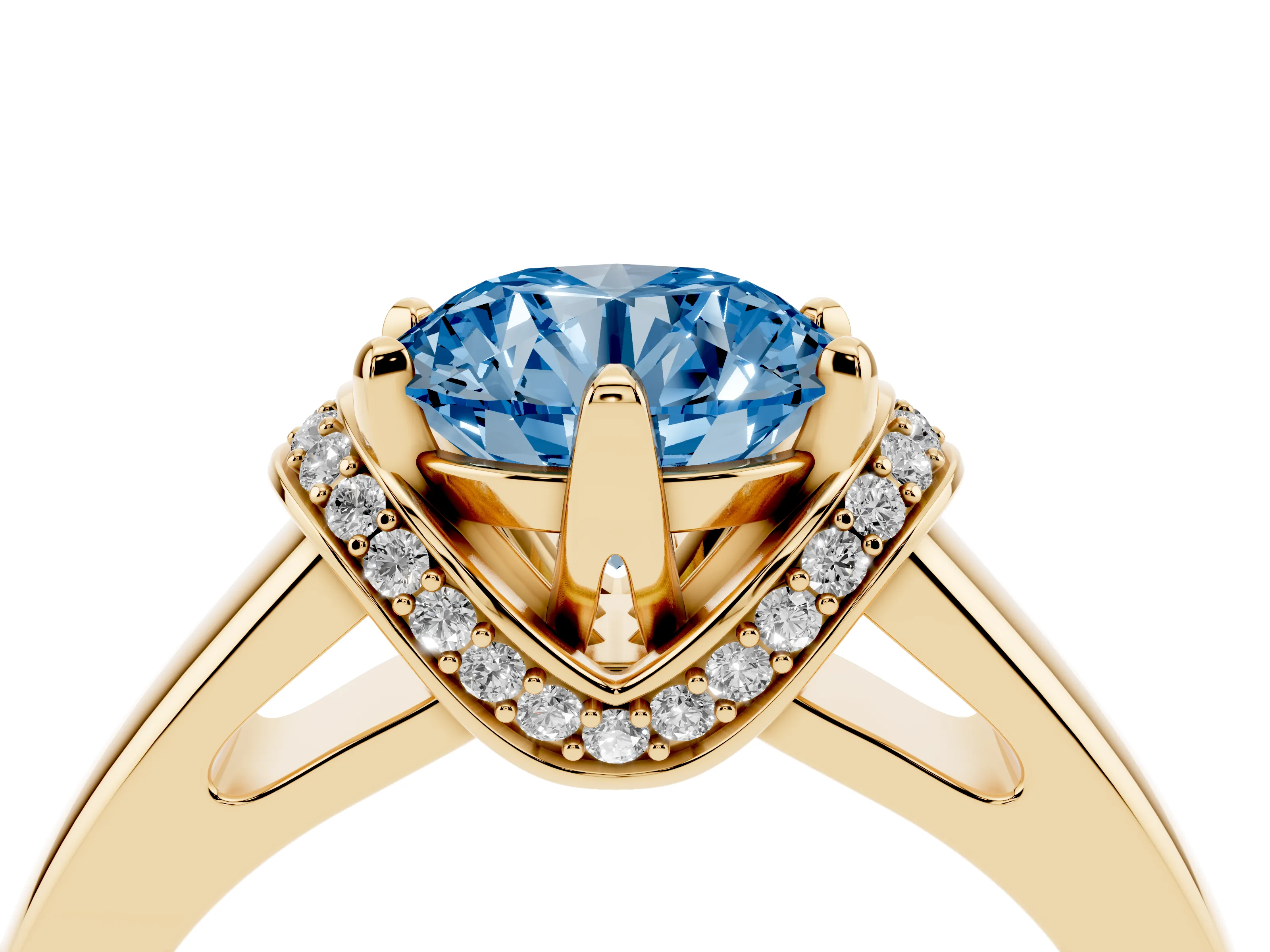 Fancy Blue Round Cut Diamond Pavé Band Solitaire Ring Set in Yellow gold with Prong Setting
