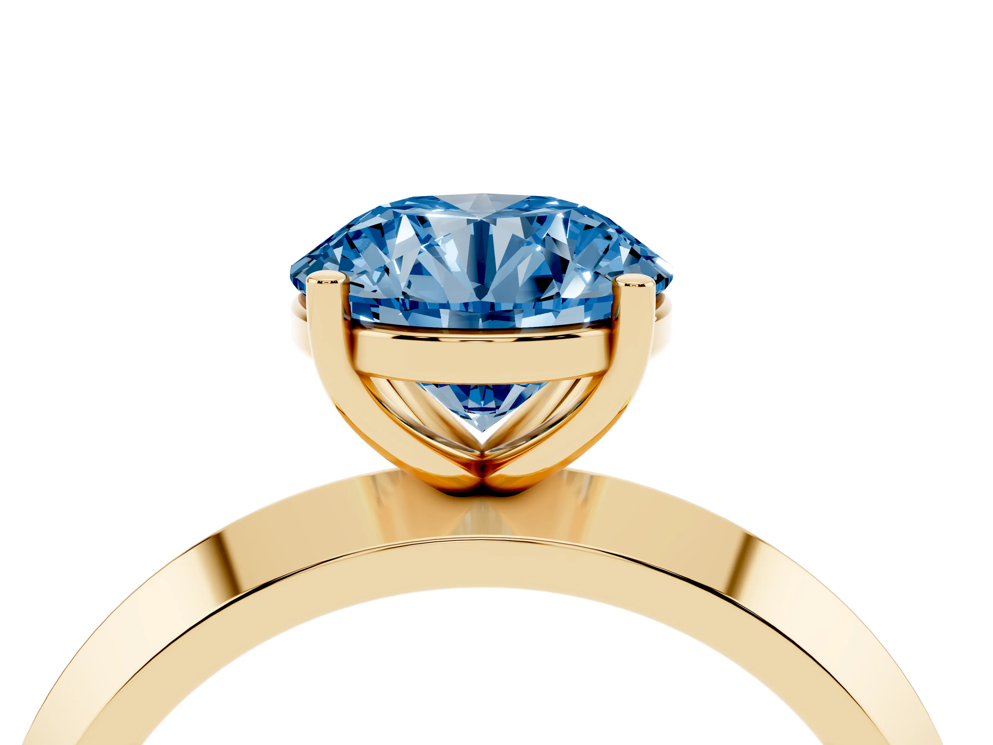 Fancy Blue Round Cut Diamond Solitaire Engagement Ring Set in Yellow gold with Flat Band and Prong Setting