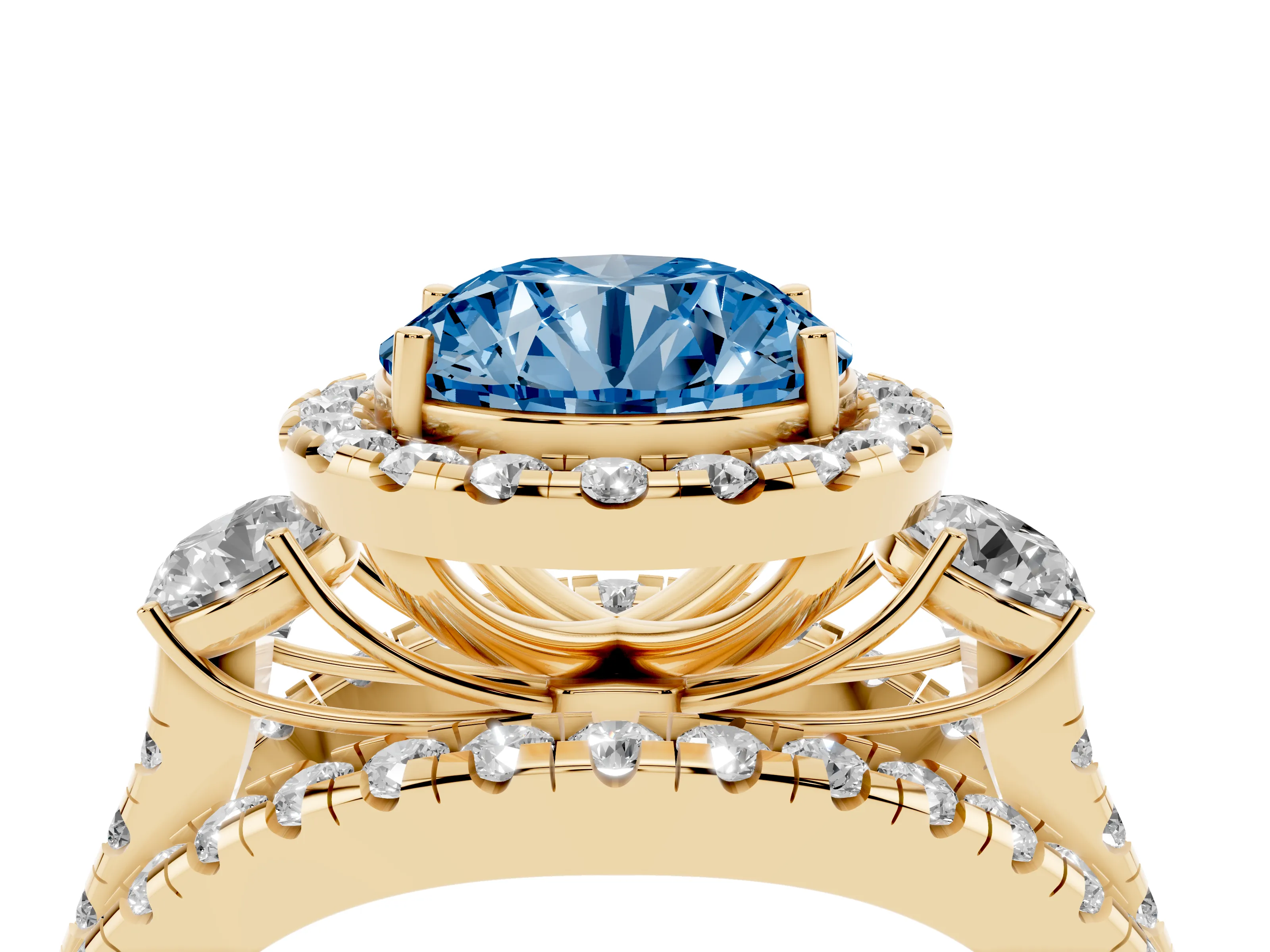 Fancy Blue Round Cut Diamond Halo Split Shank Ring Set in Yellow gold with Round Accent Stones and Prong Setting