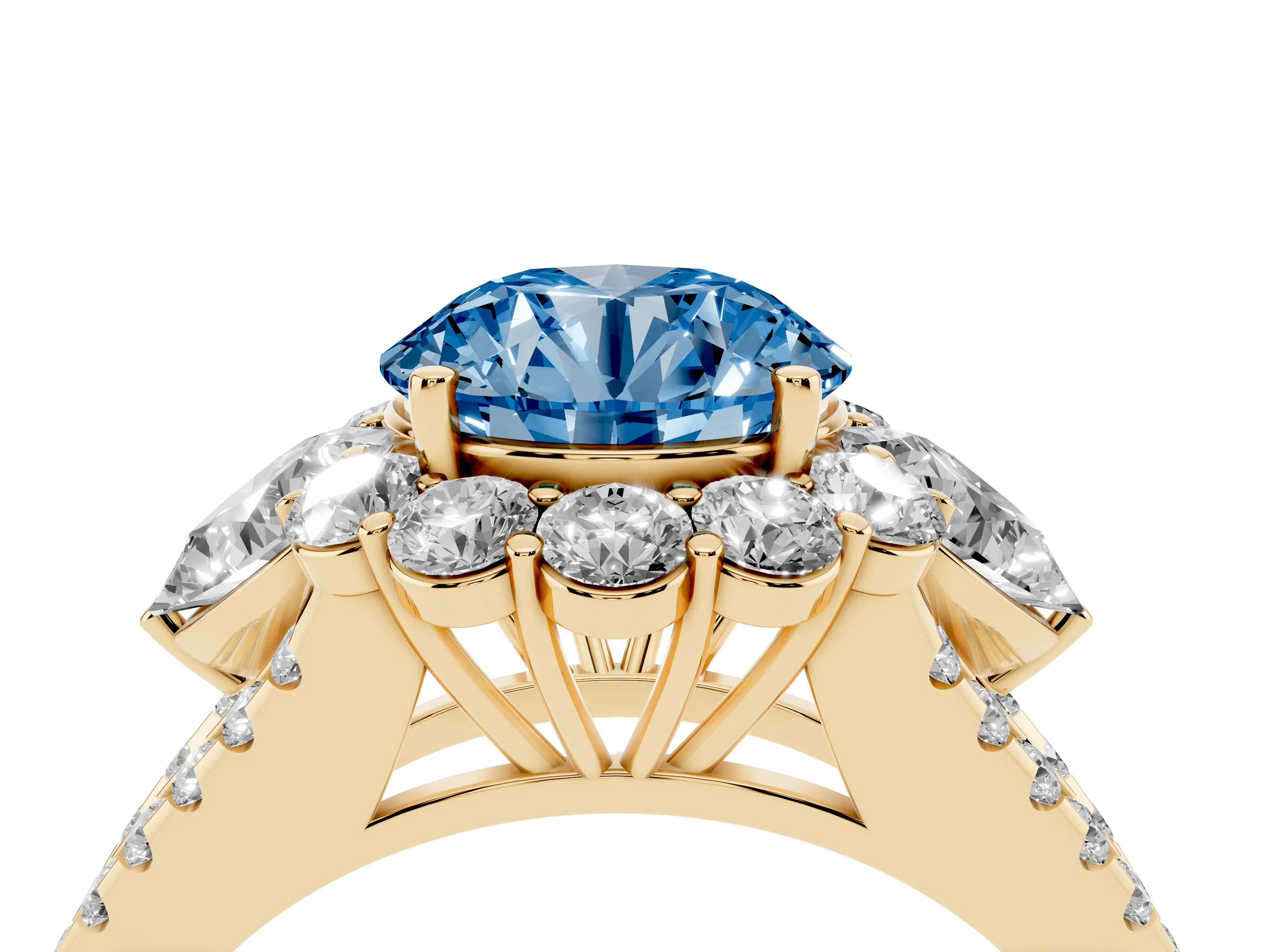 Fancy Blue Round Cut Diamond Halo Split Shank Engagement Ring Set in Yellow gold with Prong-Held Center Stone