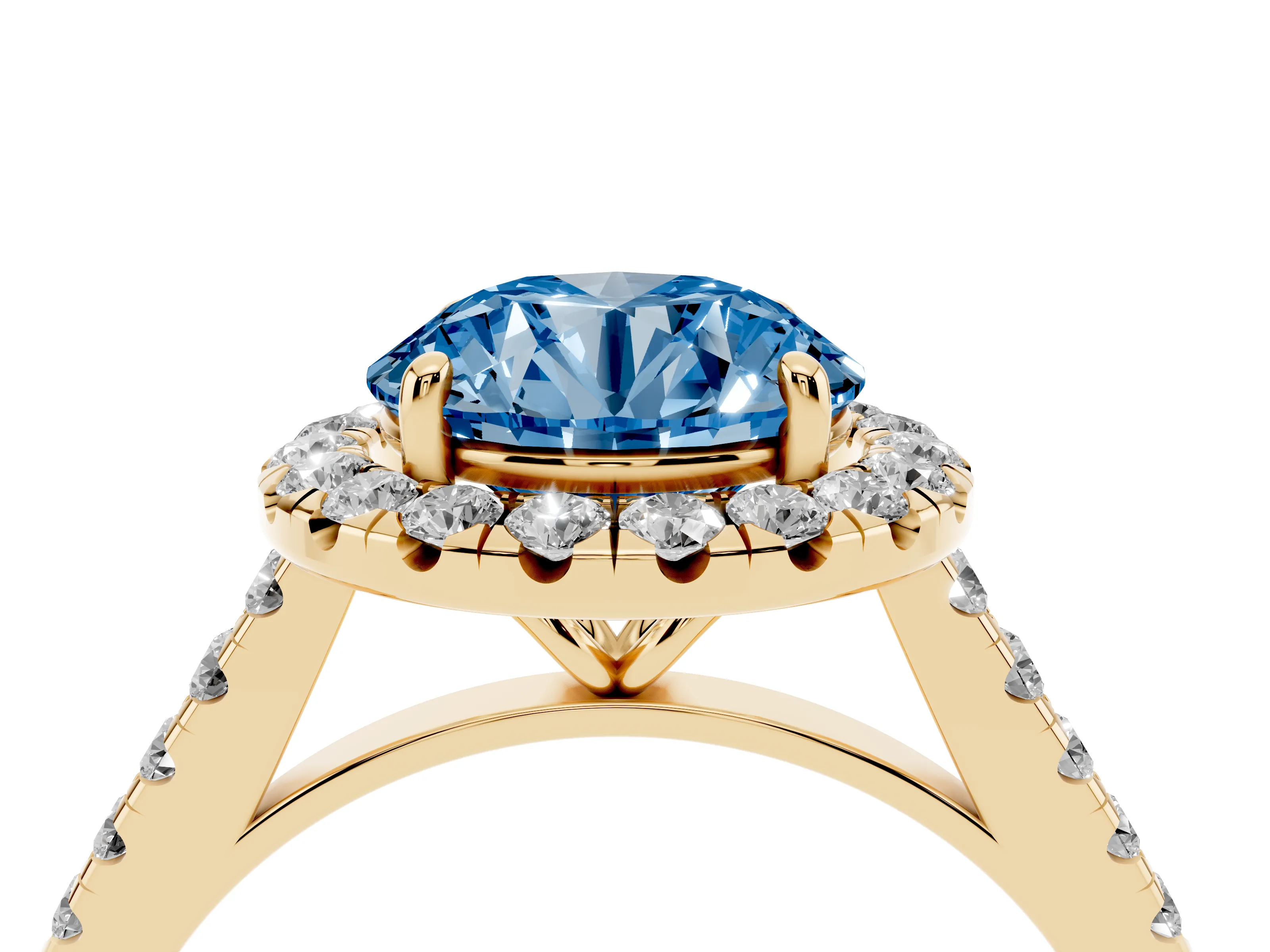 Fancy Blue Round Cut Diamond Halo Pavé Engagement Ring Set in Yellow gold with Prong Setting