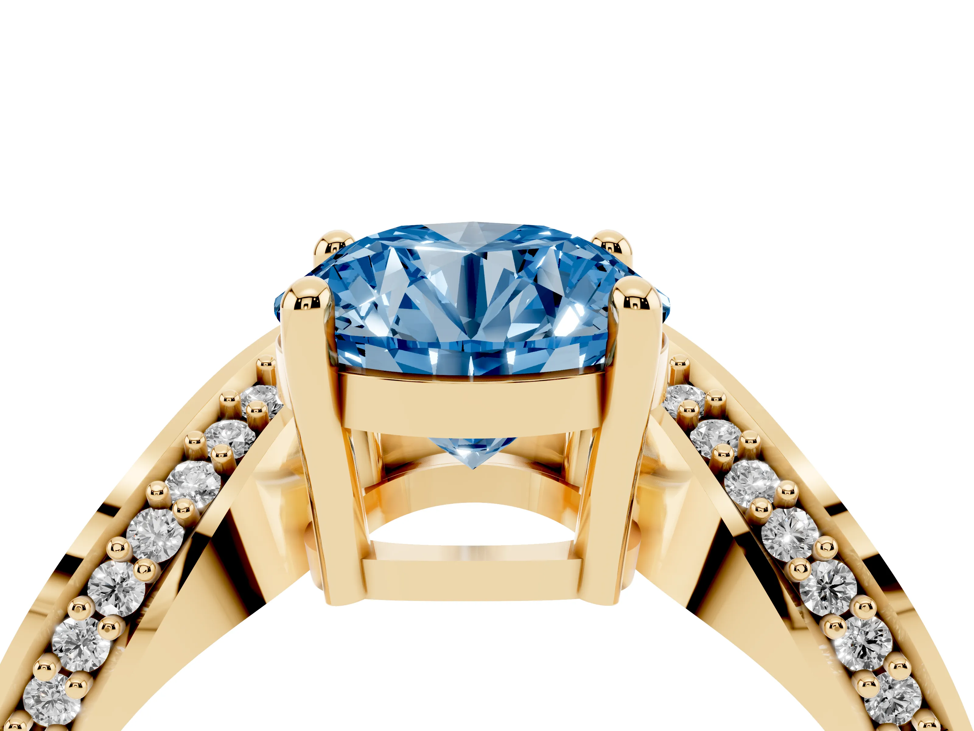 Fancy Blue Round Cut Diamond Solitaire Engagement Ring Set in Yellow gold with Pavé Shoulders