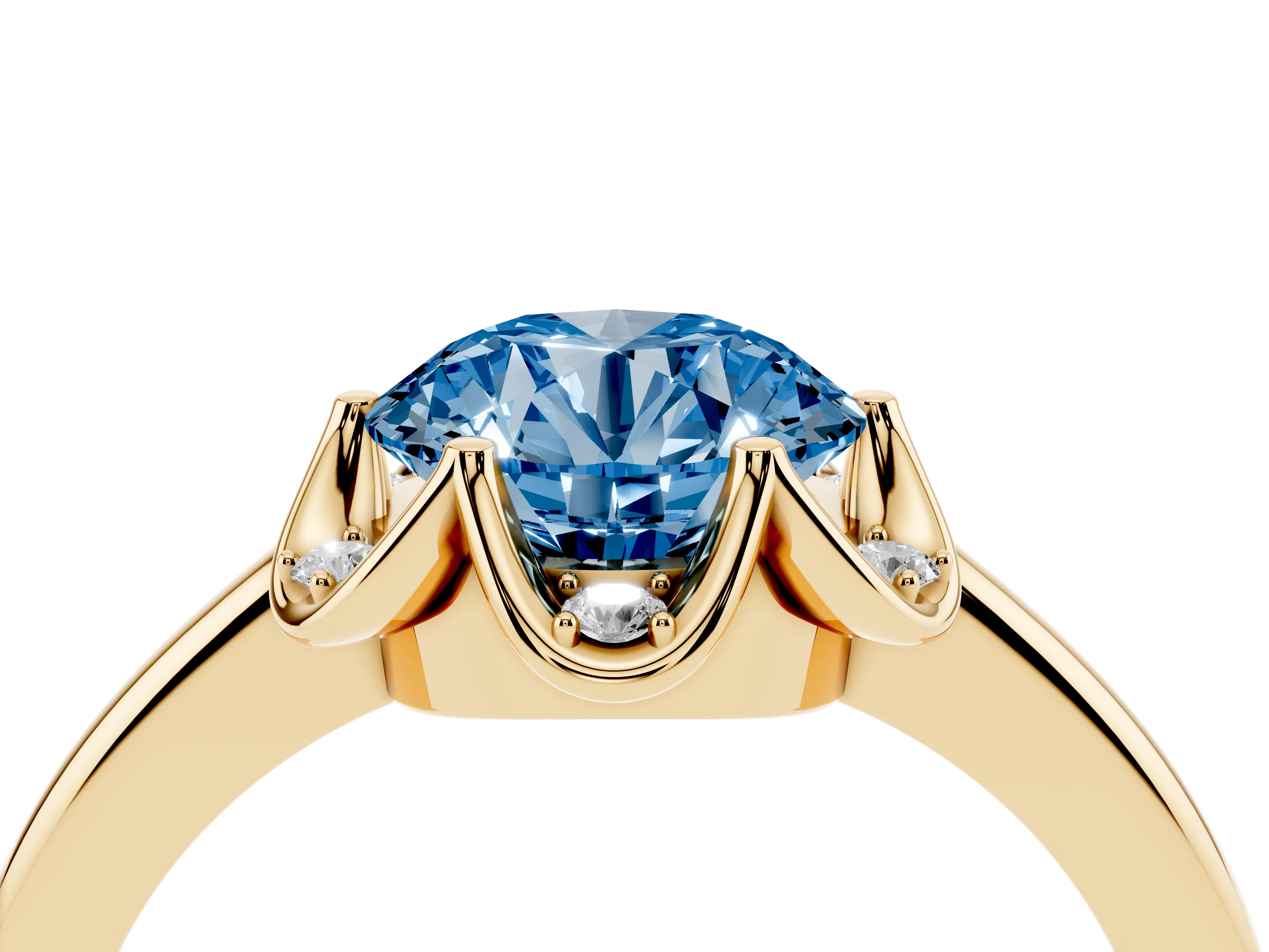 Fancy Blue Round Cut Diamond Round Cluster Halo Ring Set in Yellow gold with Solitaire Band and Prong Setting