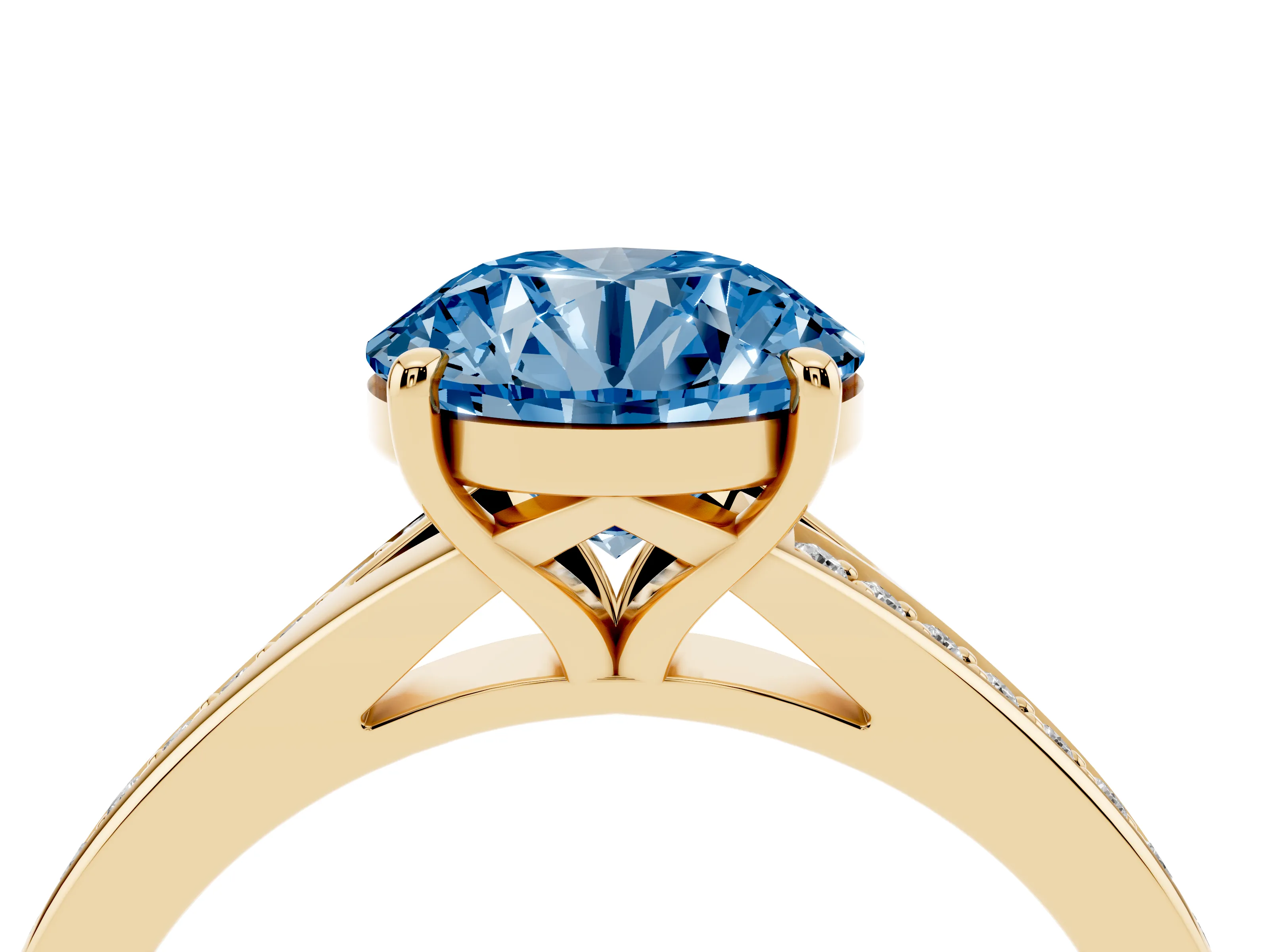 Fancy Blue Round Cut Diamond Solitaire Ring Set in Yellow gold with Pavé Accent Band and Classic Prong Setting