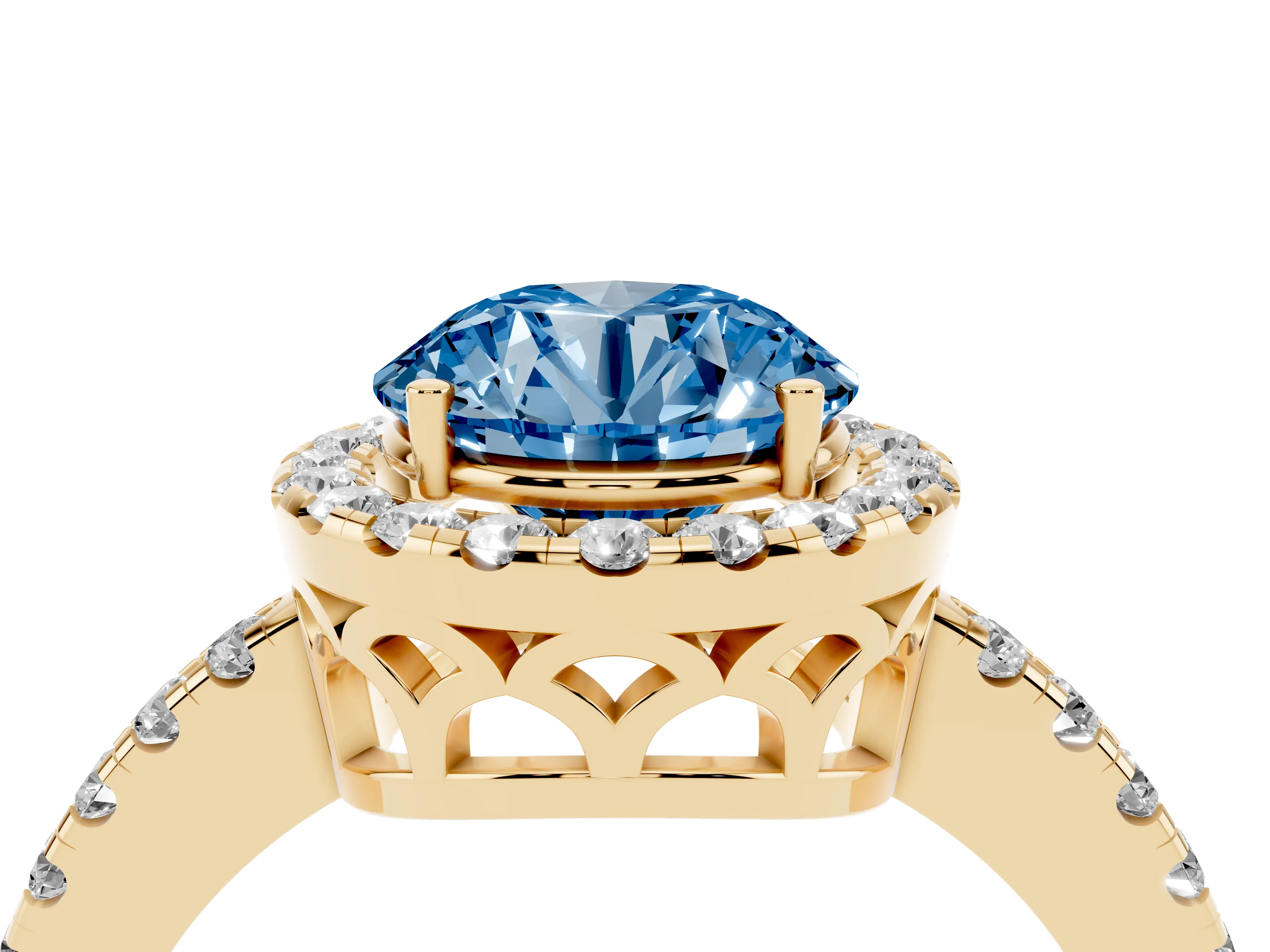 Fancy Blue Round Cut Diamond Pavé Band Halo Engagement Ring Set in Yellow gold with Prong Setting