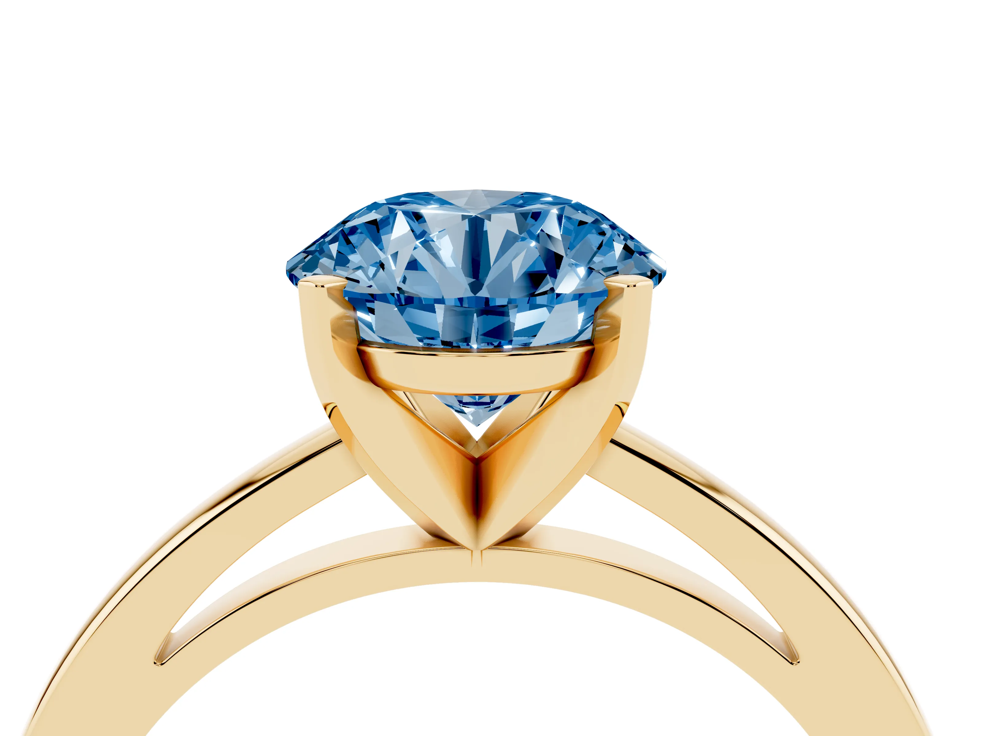 Fancy Blue Round Cut Diamond Solitaire Engagement Ring Set in Yellow gold with Prong Setting on a Classic Band