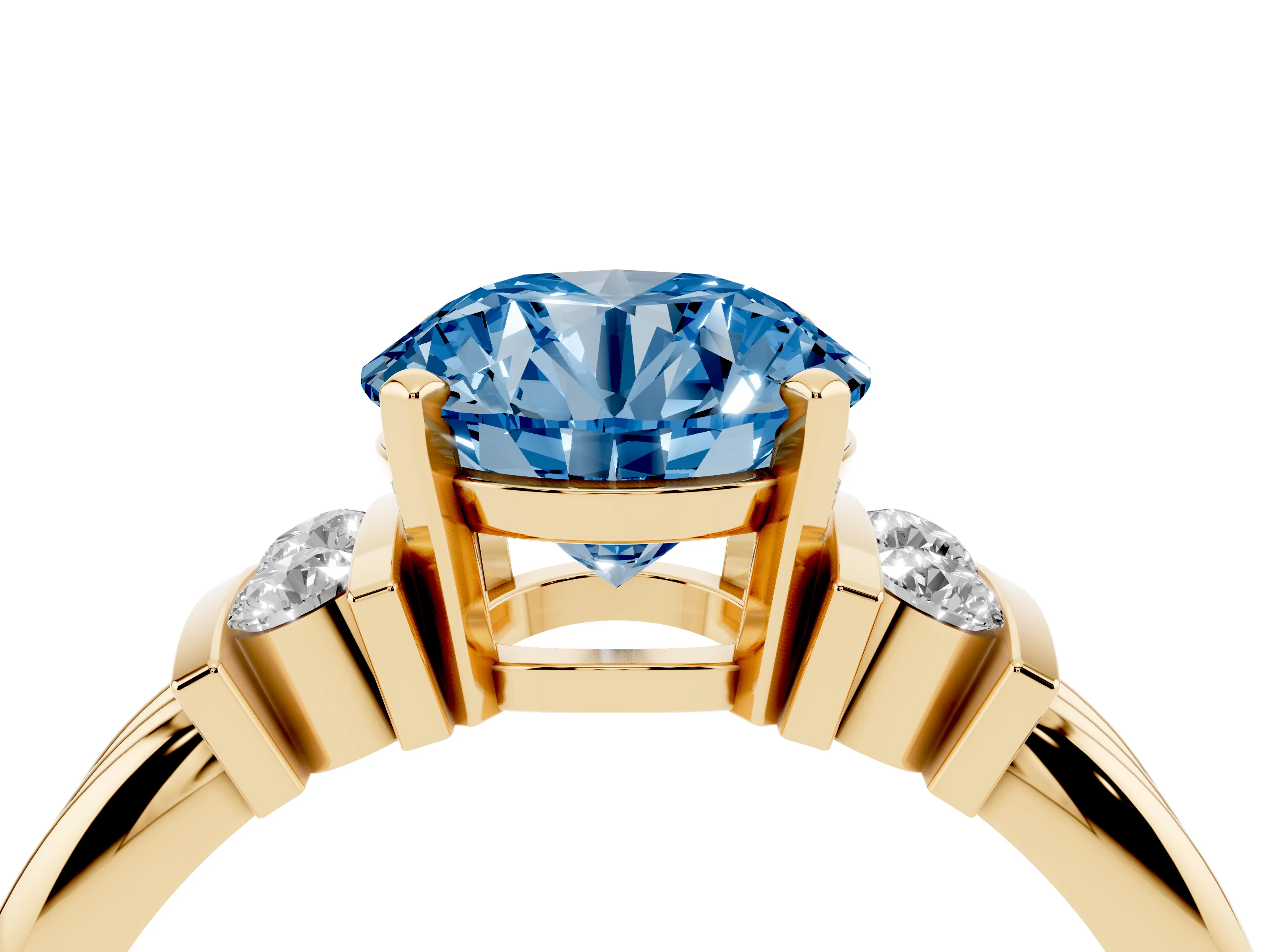 Fancy Blue Three-Stone Round Cut Diamond Channel Set Ring Set in Yellow gold with Bar Prongs