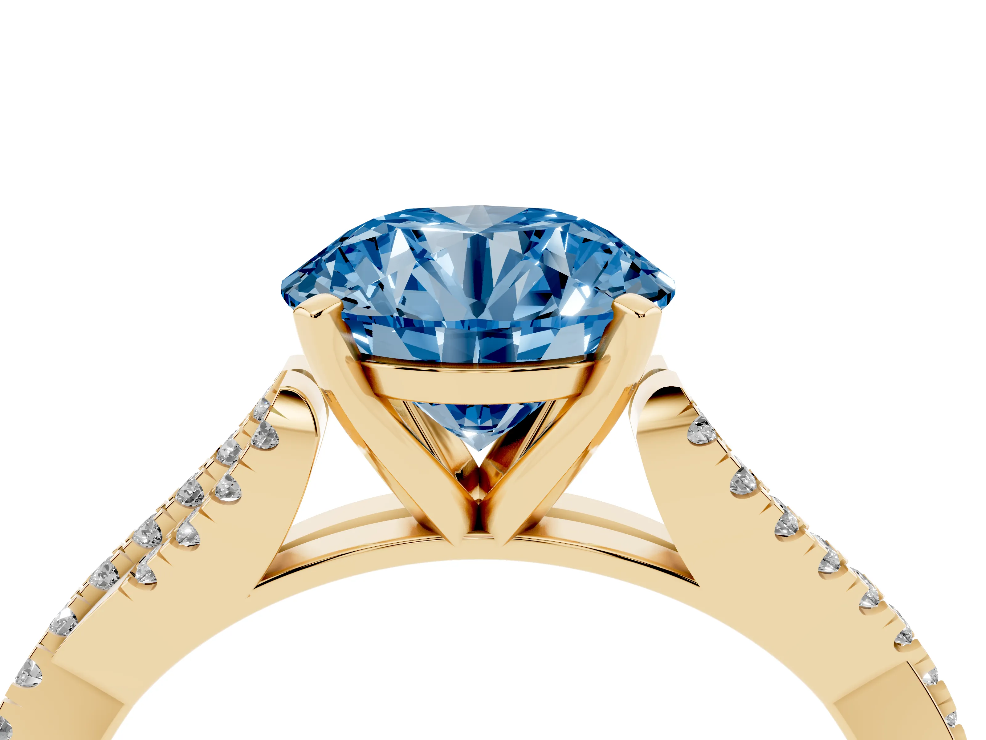 Fancy Blue Round Cut Diamond Solitaire Engagement Ring Set in Yellow gold with Twisted Pavé Band and Prong Setting