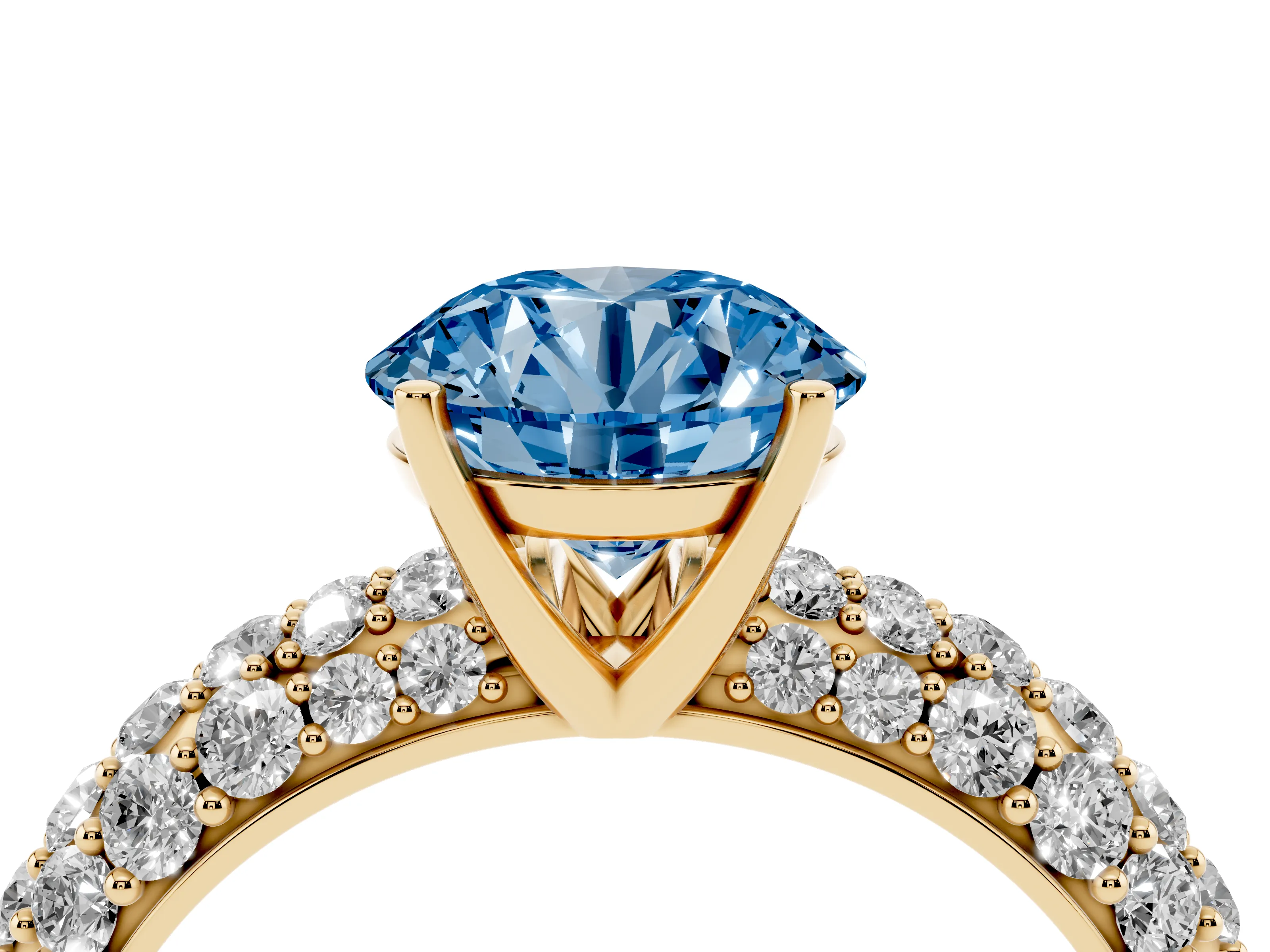 Fancy Blue Round Cut Diamond Pavé Band Solitaire Ring Set in Yellow gold with Close-Set Accent Stones and Prong Setting