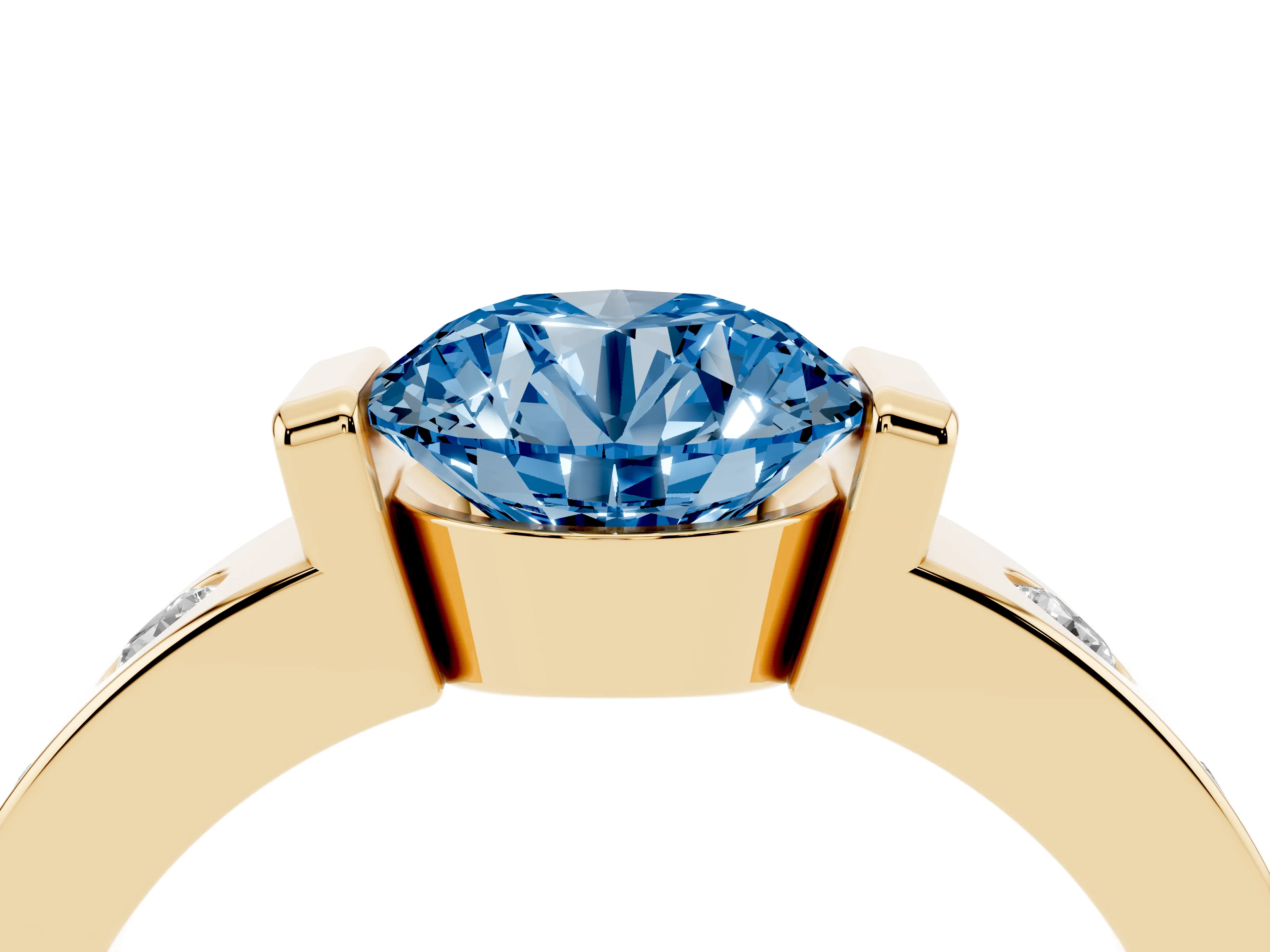 Fancy Blue Round Cut Diamond Channel-Set Band Ring Set in Yellow gold with Bezel Prong Setting