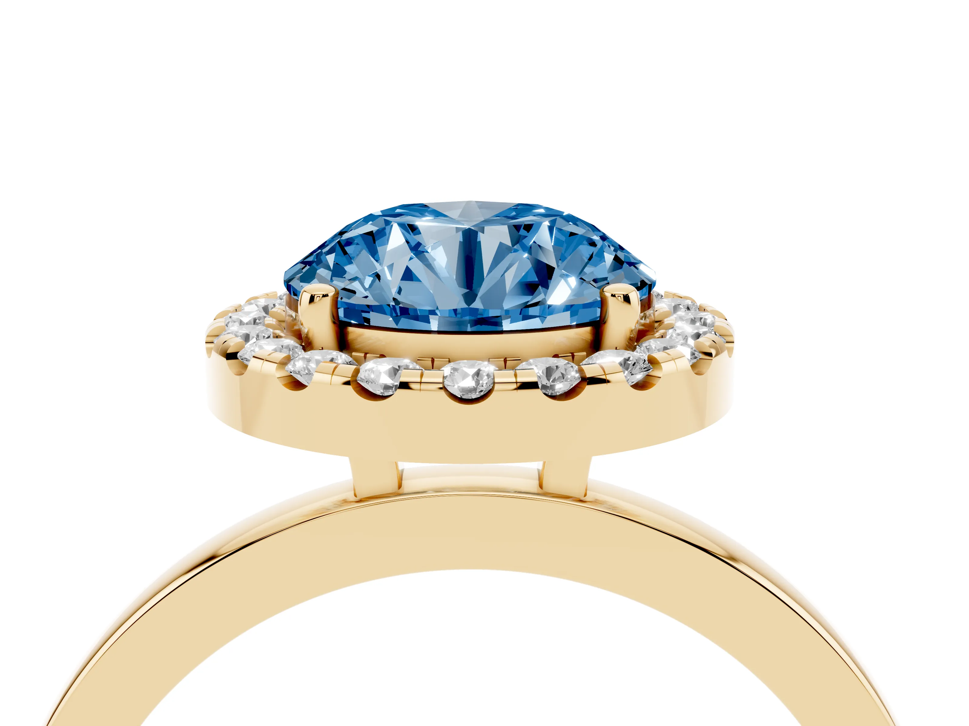 Fancy Blue Round Cut Diamond Halo Solitaire Ring Set in Yellow gold with Pavé Band and Prong Setting