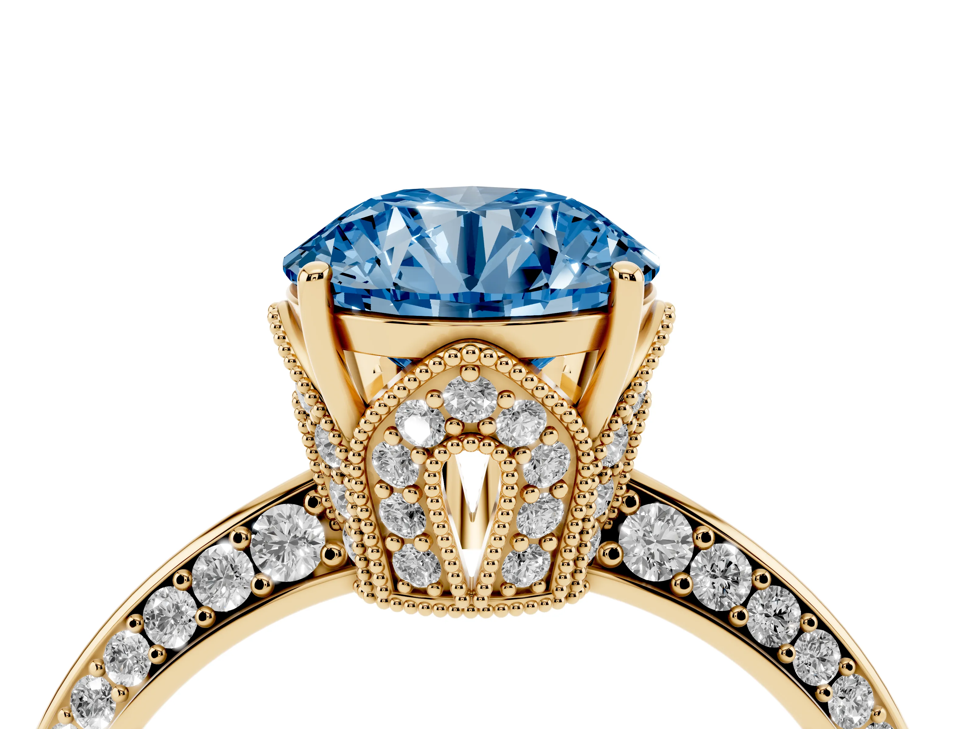 Fancy Blue Round Cut Diamond Solitaire Engagement Ring Set in Yellow gold with Pavé Split Shank and Prong Setting