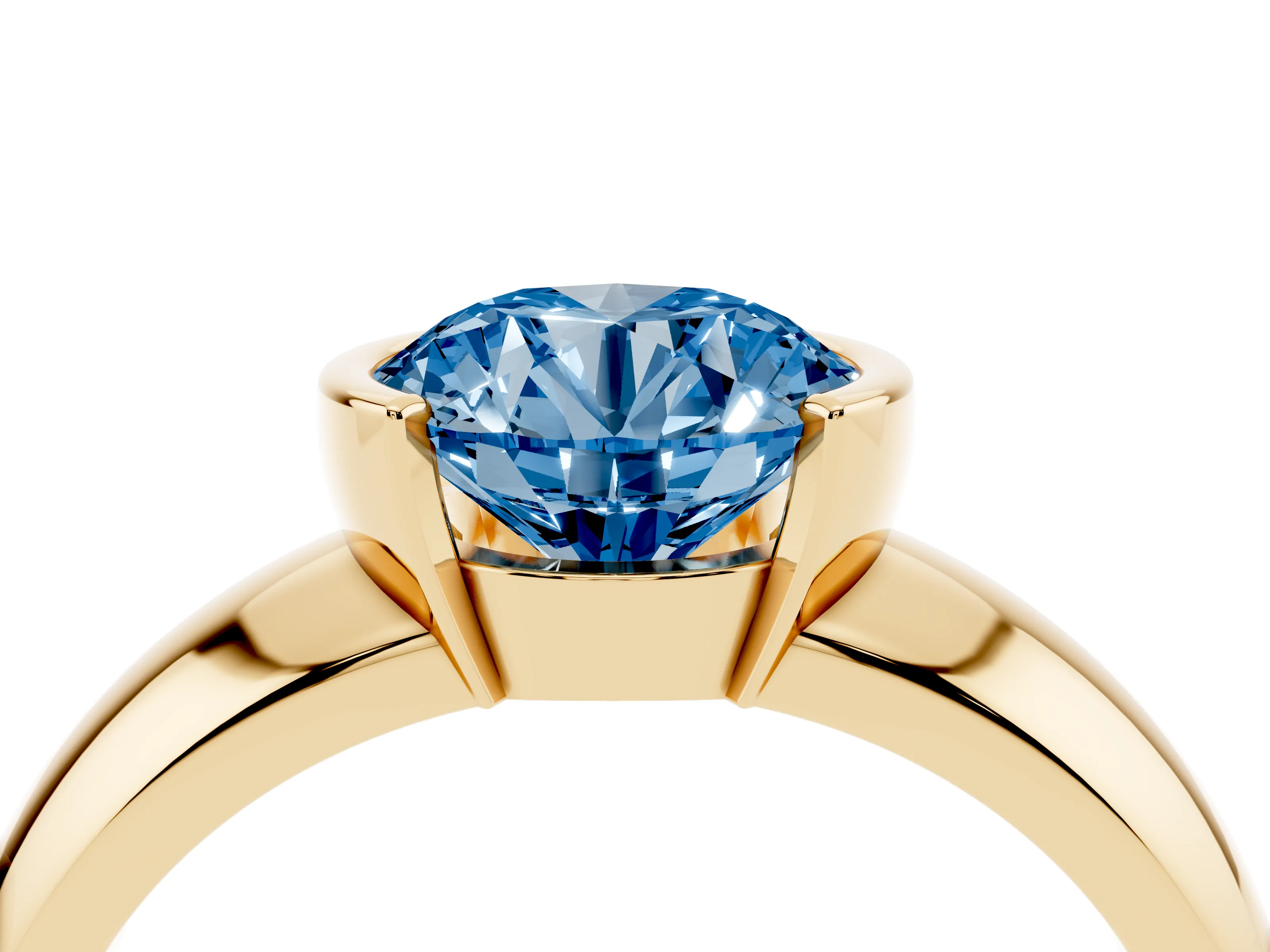 Fancy Blue Round Cut Diamond Solitaire Tension Set Ring Set in Yellow gold with Wide Band