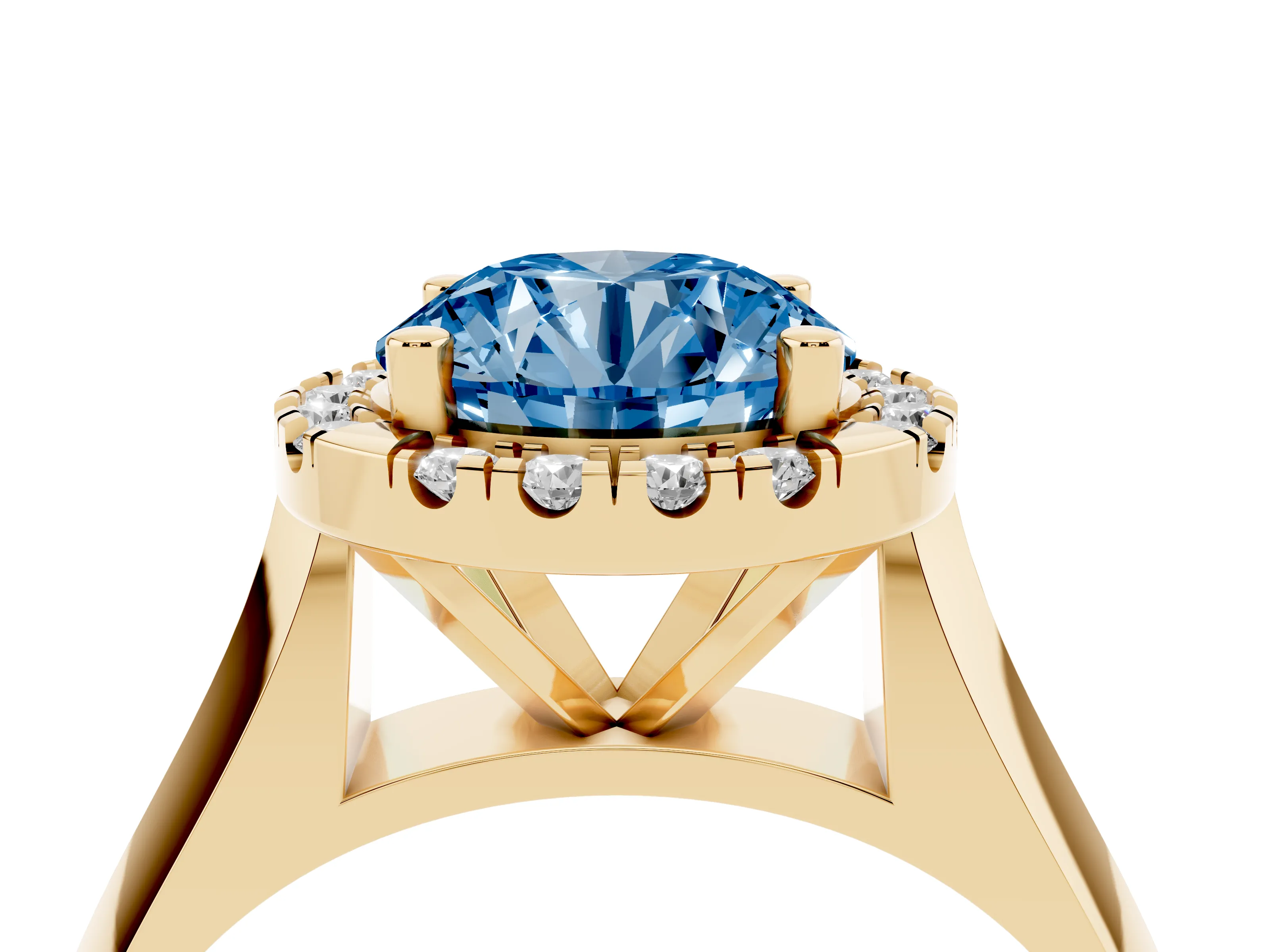Fancy Blue Round Cut Diamond Halo Solitaire Engagement Ring Set in Yellow gold with Square Band and Prong Setting