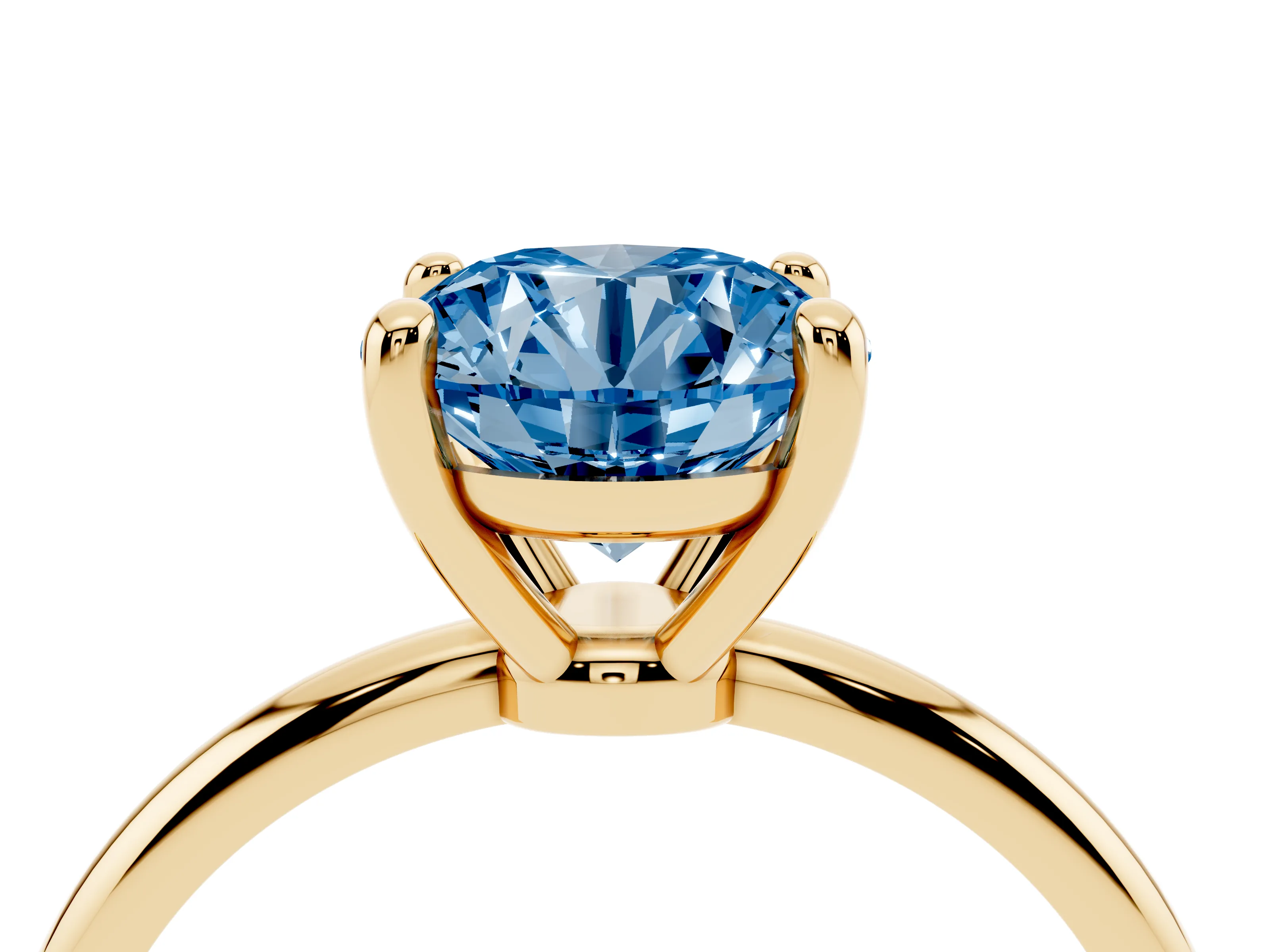 Fancy Blue Round Cut Diamond Solitaire Ring Set in Yellow gold with Secure Prong Setting on a Classic Band