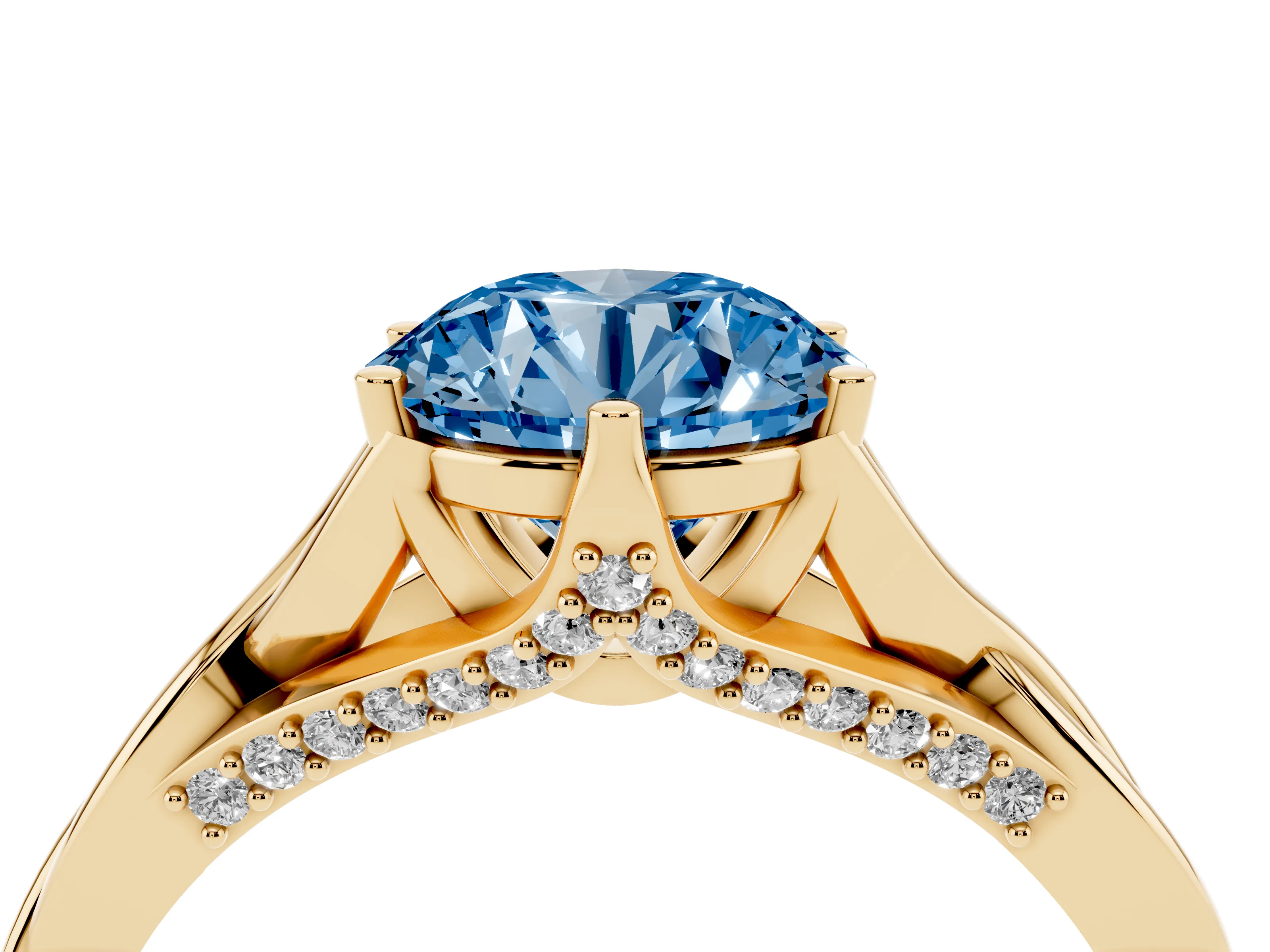 Fancy Blue Round Cut Diamond Intertwined Twist Band Solitaire Ring Set in Yellow gold with Prong Setting