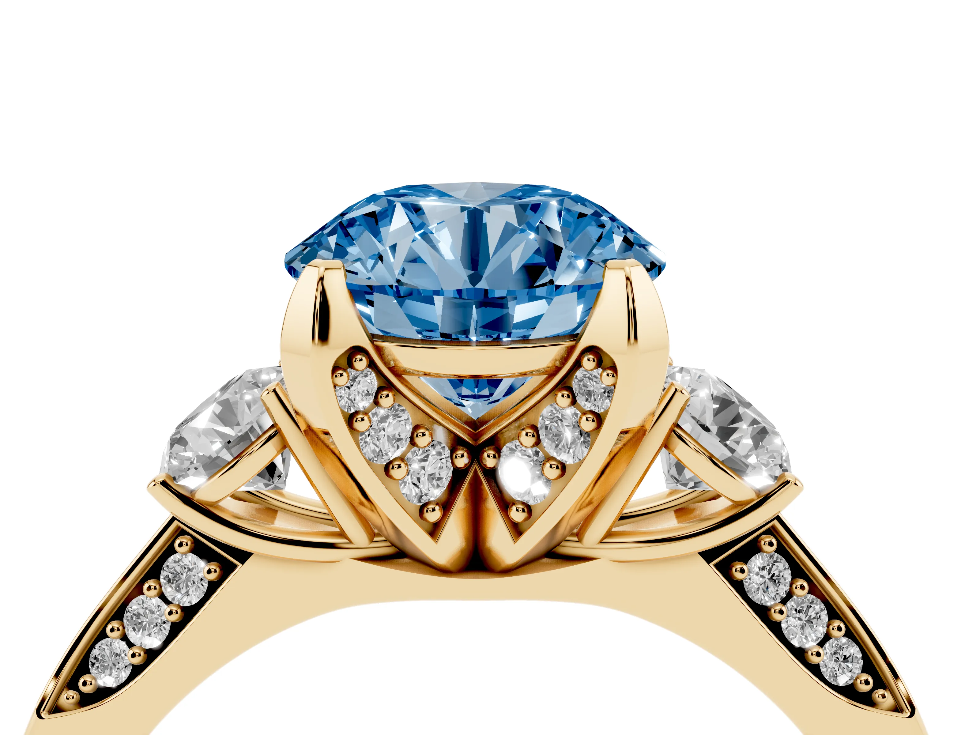 Fancy Blue Round Cut Diamond Three-Stone Ring Set in Yellow gold with Pavé Band and Smaller Side Stones