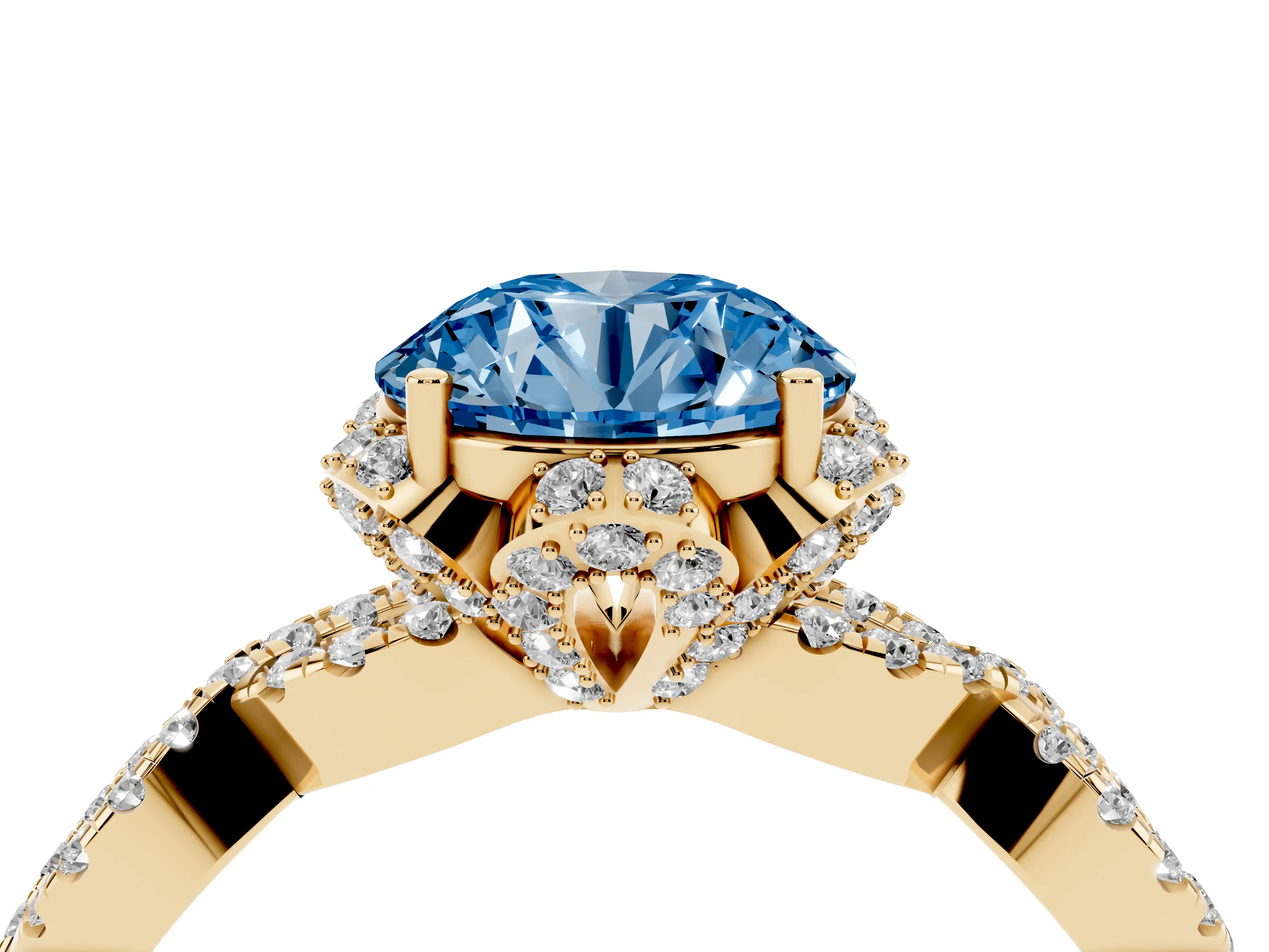 Fancy Blue Round Cut Diamond Halo Twist Band Solitaire Ring Set in Yellow gold with Prong-Set Center Stone