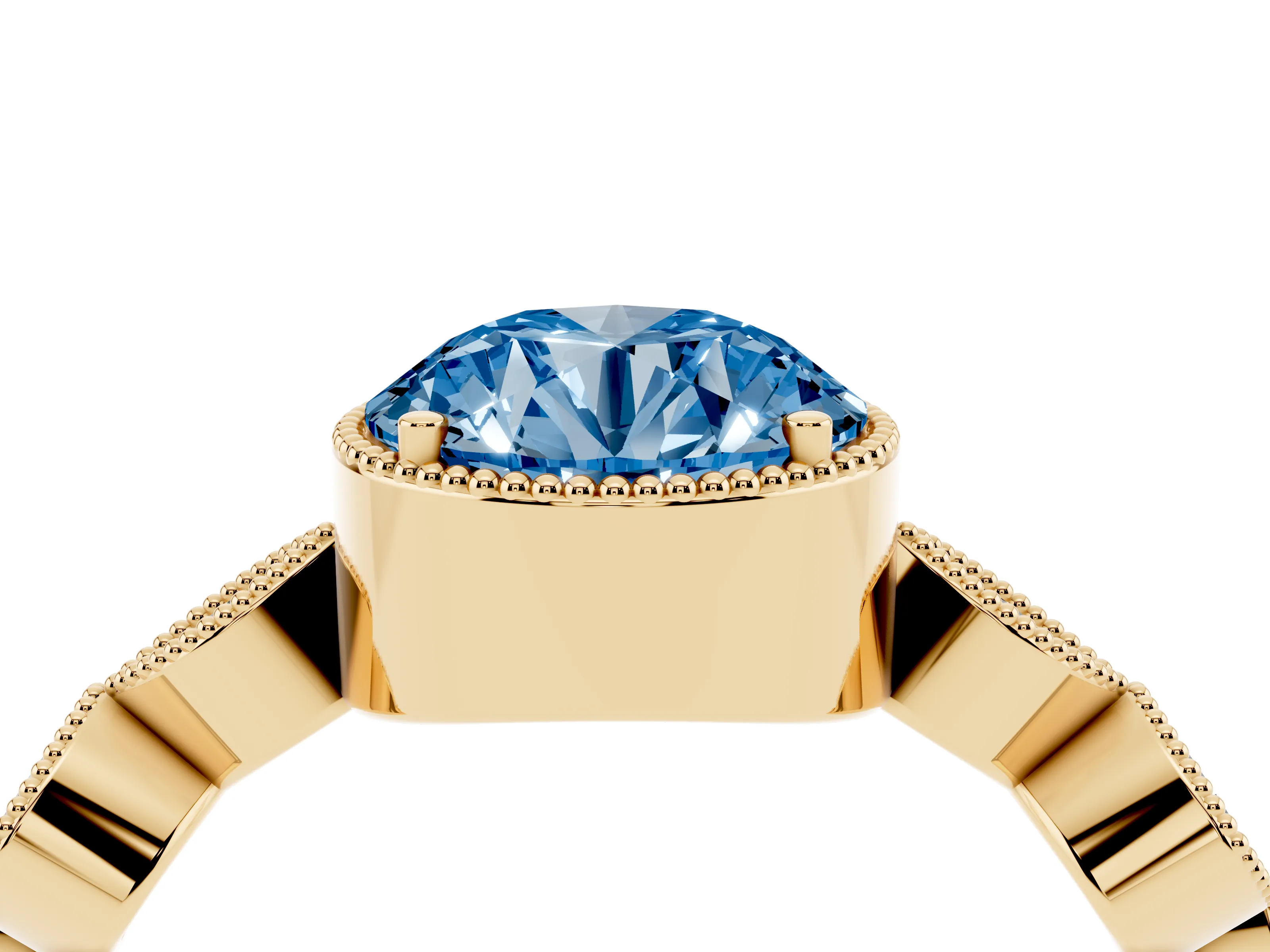 Fancy Blue Round Cut Diamond Vintage-Inspired Milgrain Ring Set in Yellow gold with Marquise Stations of Round Accents