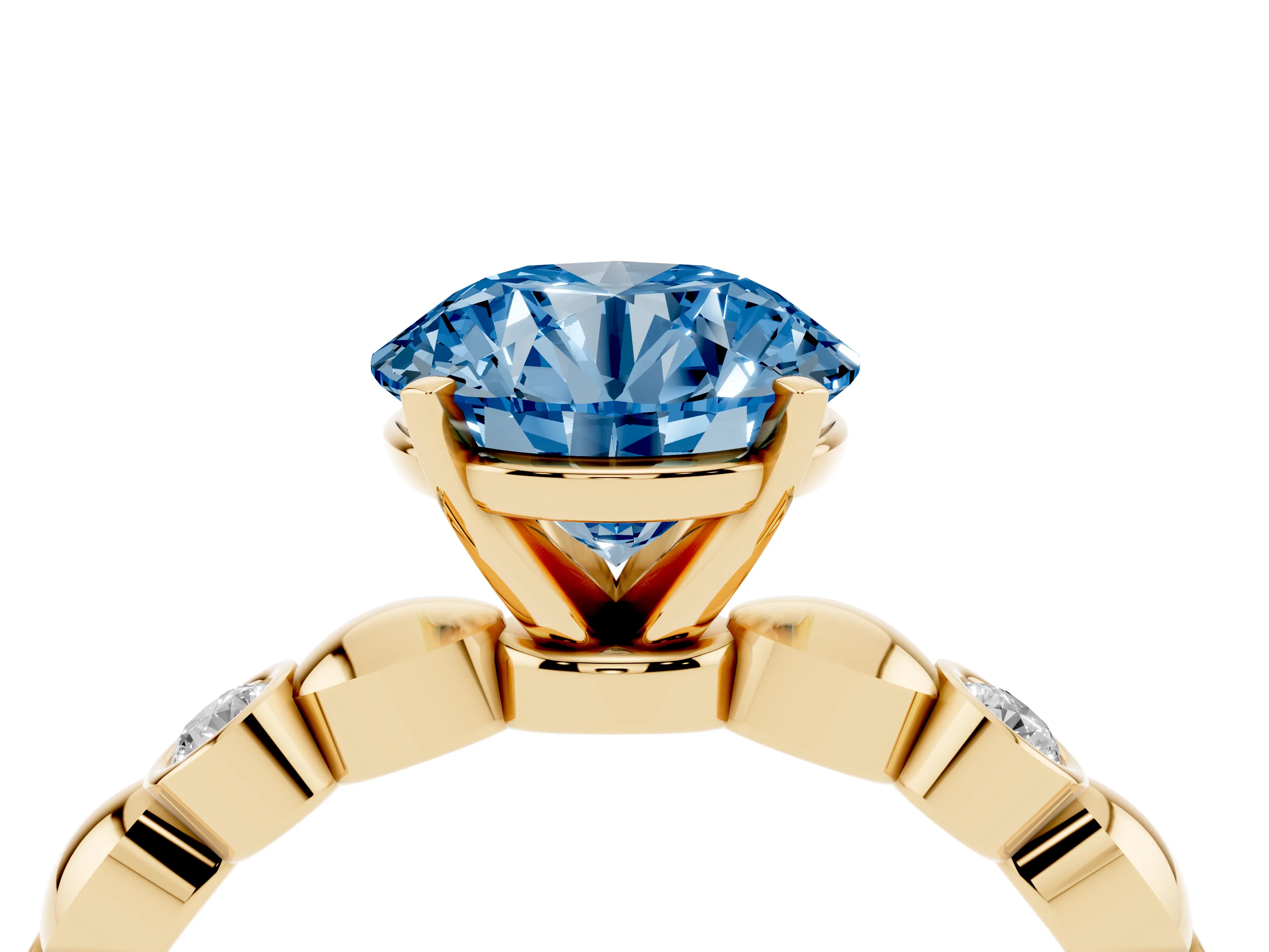 Fancy Blue Round Cut Diamond Solitaire Ring Set in Yellow gold with Bezel-Set Accents on Beaded Band and Prong Setting