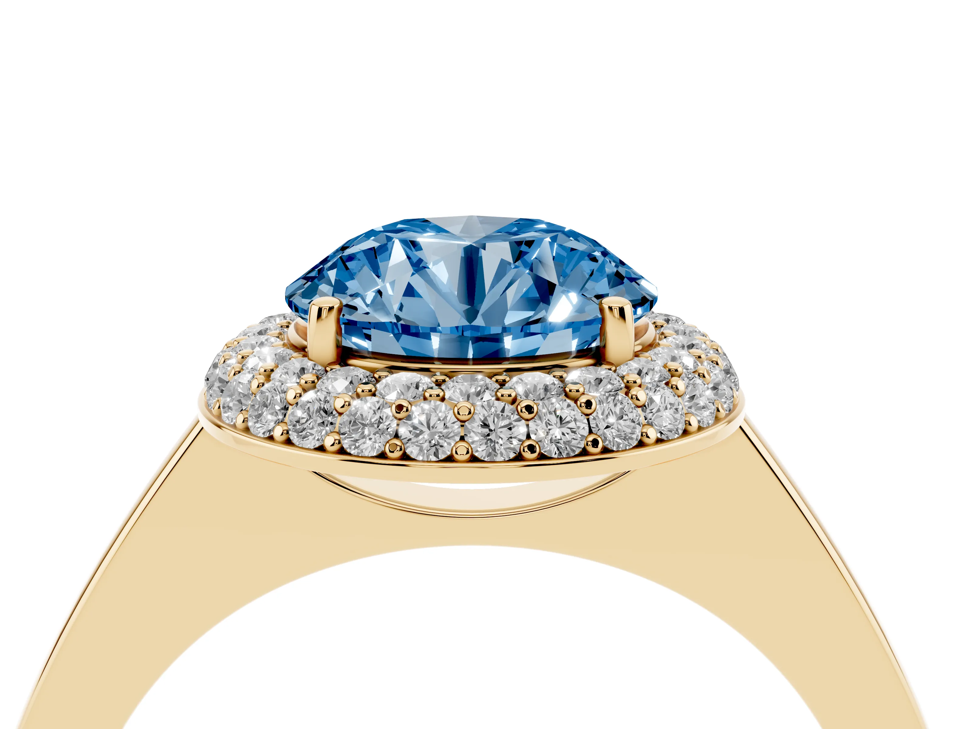 Fancy Blue Round Cut Diamond Halo Engagement Ring Set in Yellow gold with Solitaire Band and Prong Setting