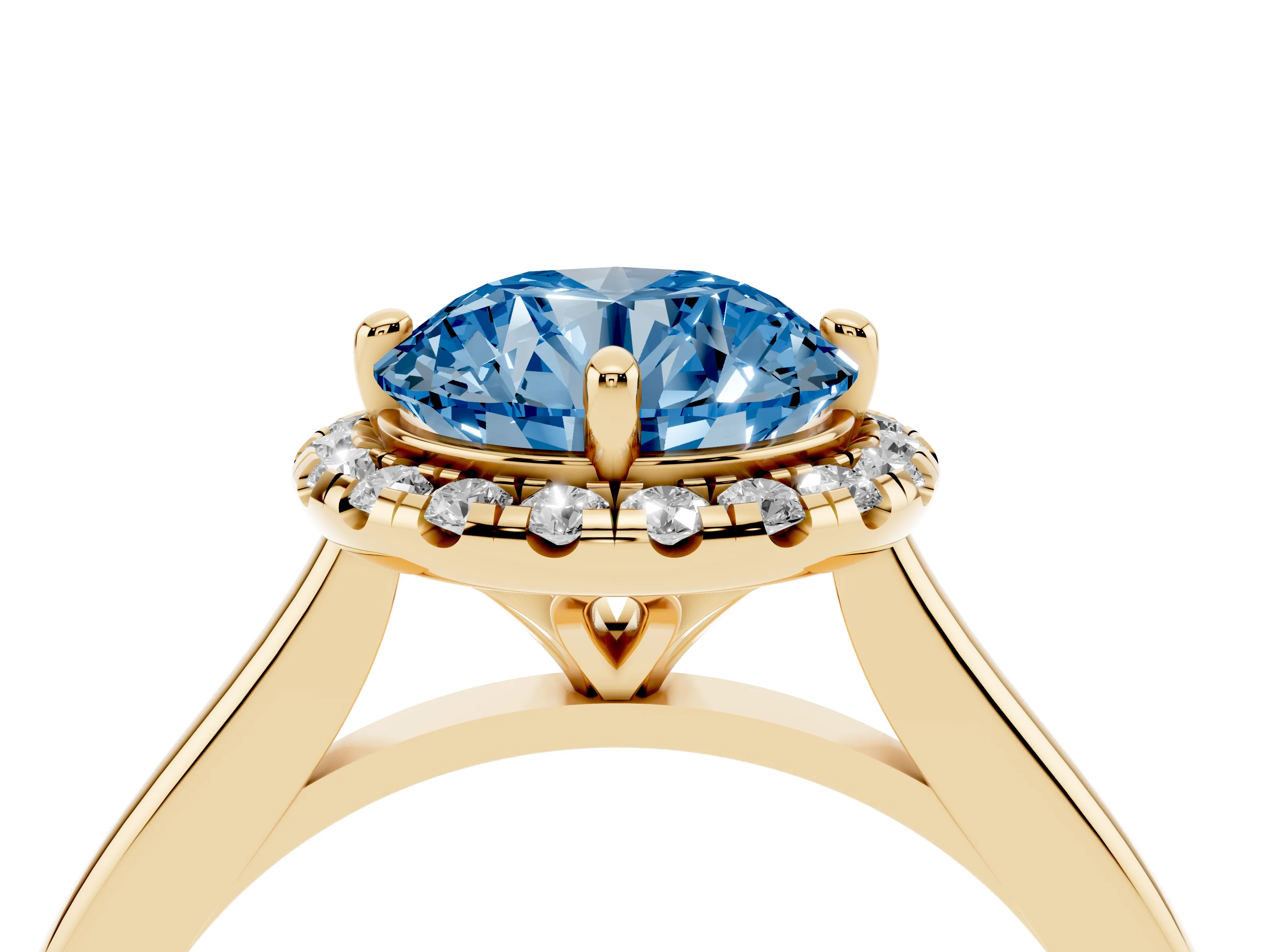 Fancy Blue Round Cut Diamond Halo Engagement Ring Set in Yellow gold with Pavé Band and Rising Shoulders