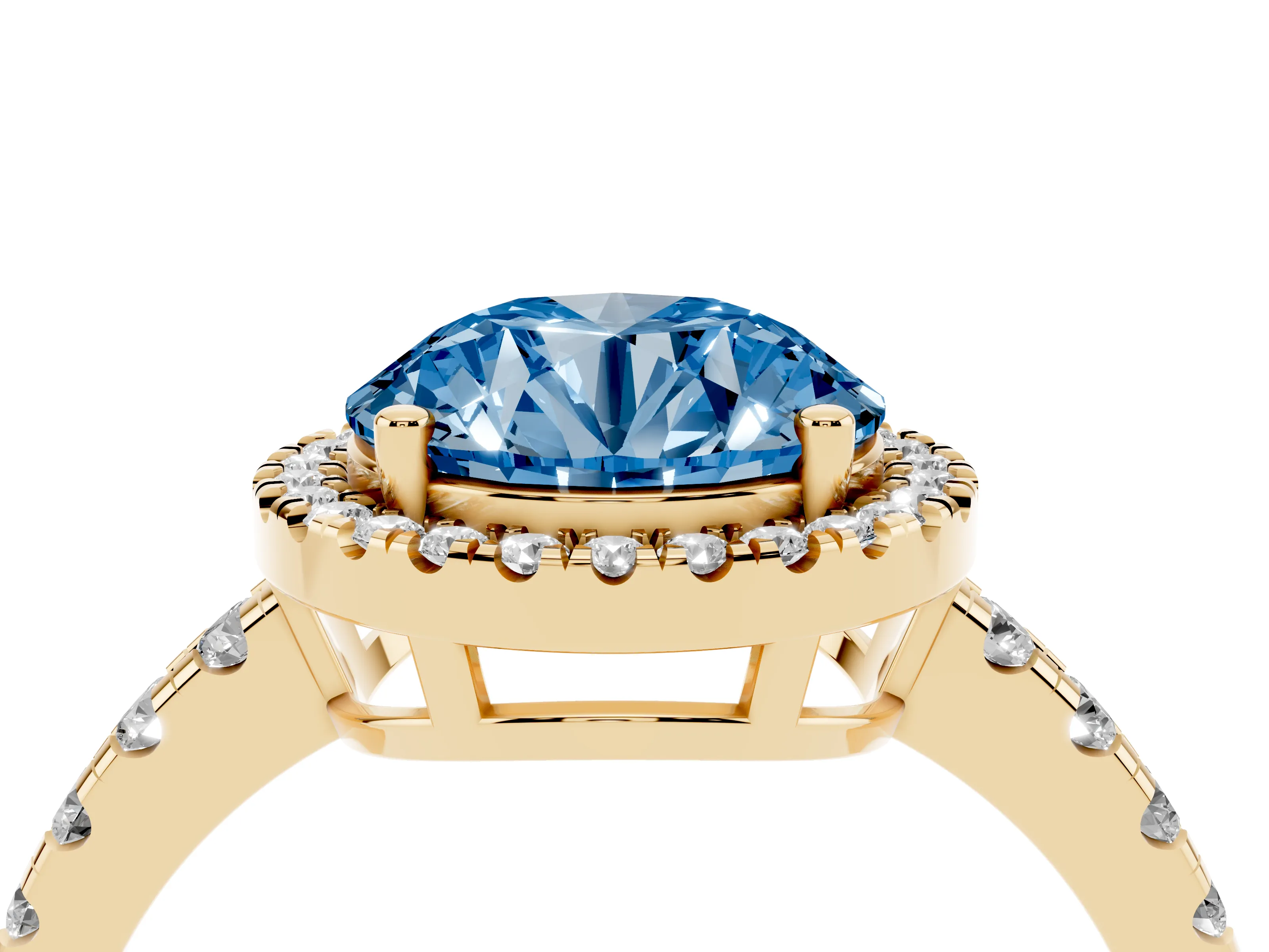 Fancy Blue Round Cut Diamond Halo Ring Set in Yellow gold with Delicate Pavé Band and Prong Setting