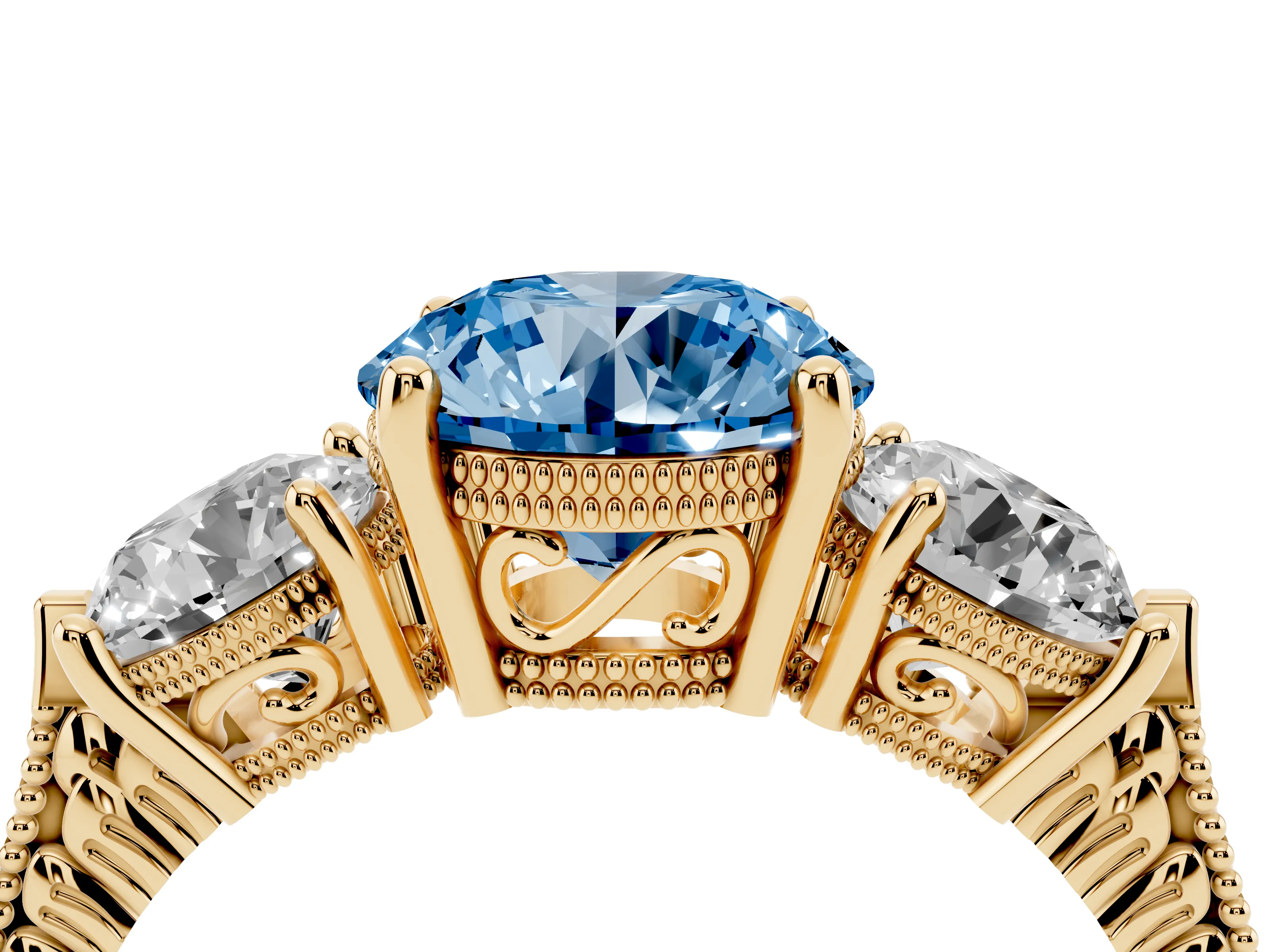 Fancy Blue Round Cut Diamond Three-Stone Ring Set in Yellow gold with Milgrain Band