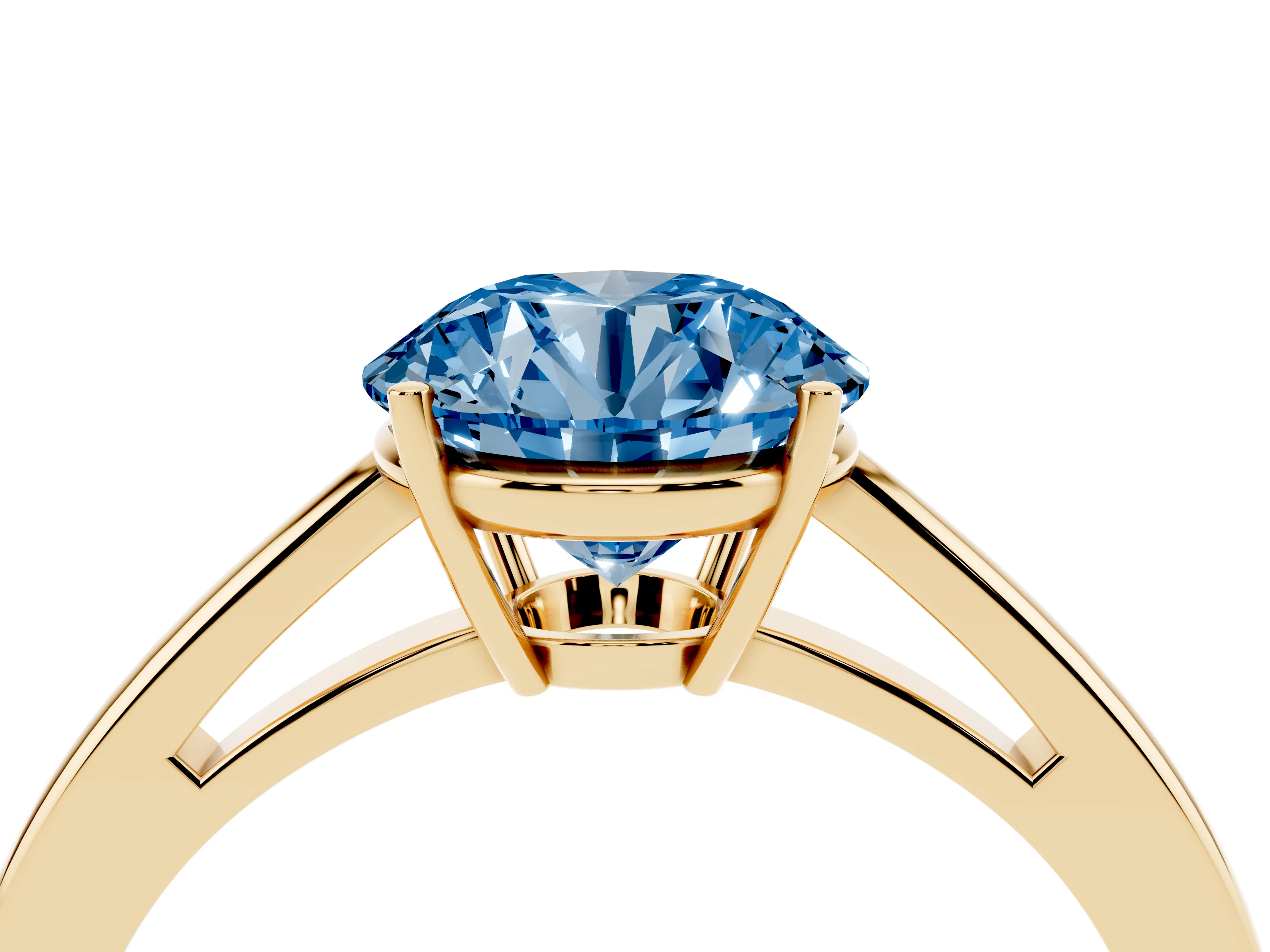 Fancy Blue Round Cut Diamond Solitaire Ring Set in Yellow gold with Split Shank and Prong Setting