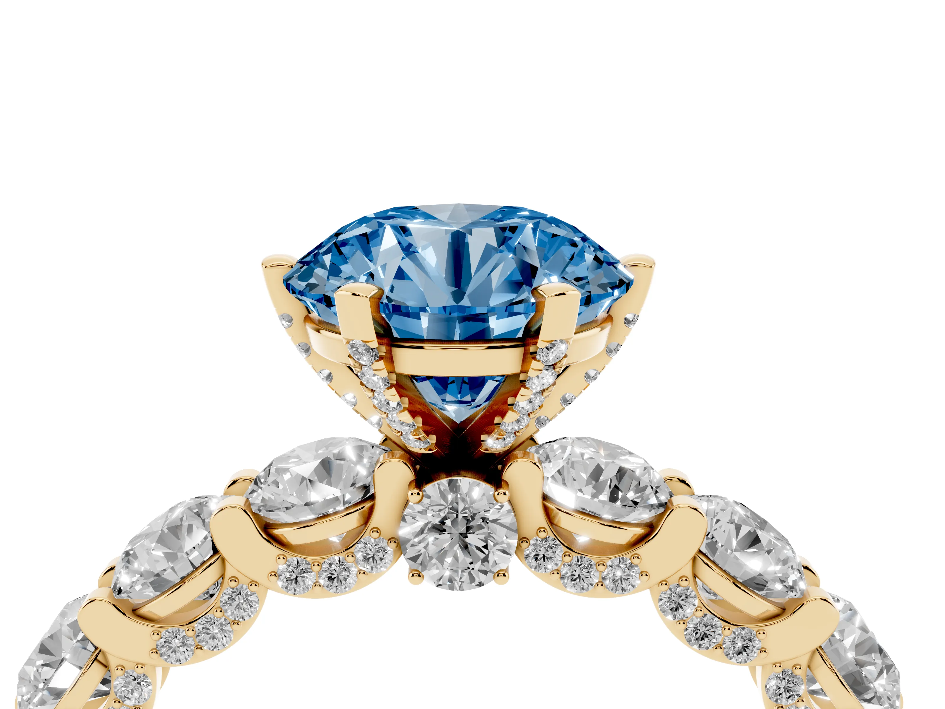 Fancy Blue Round Cut Diamond Side Stone Ring Set in Yellow gold with Alternating Round and Oval Side Stones