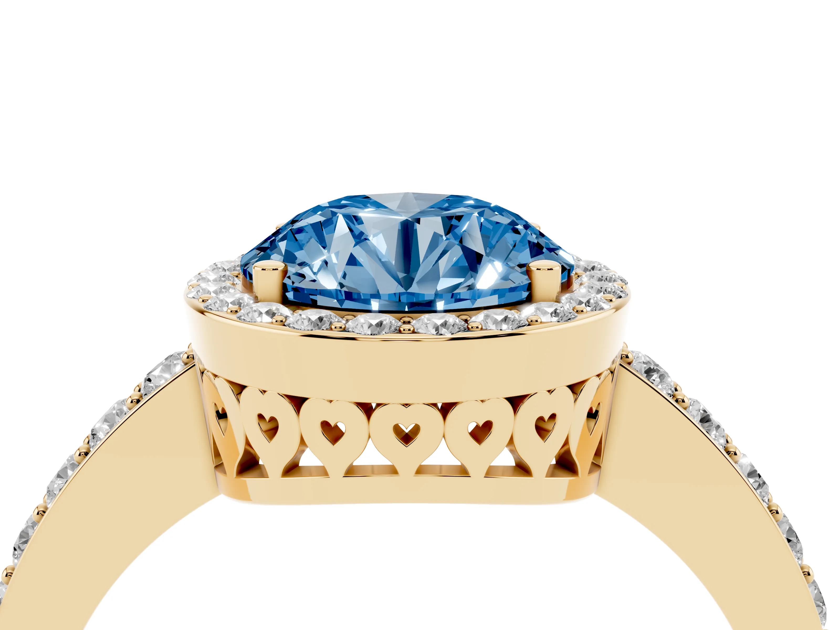 Fancy Blue Round Cut Diamond Halo Ring Set in Yellow gold with Pavé-Setting Band and Open Prong Center