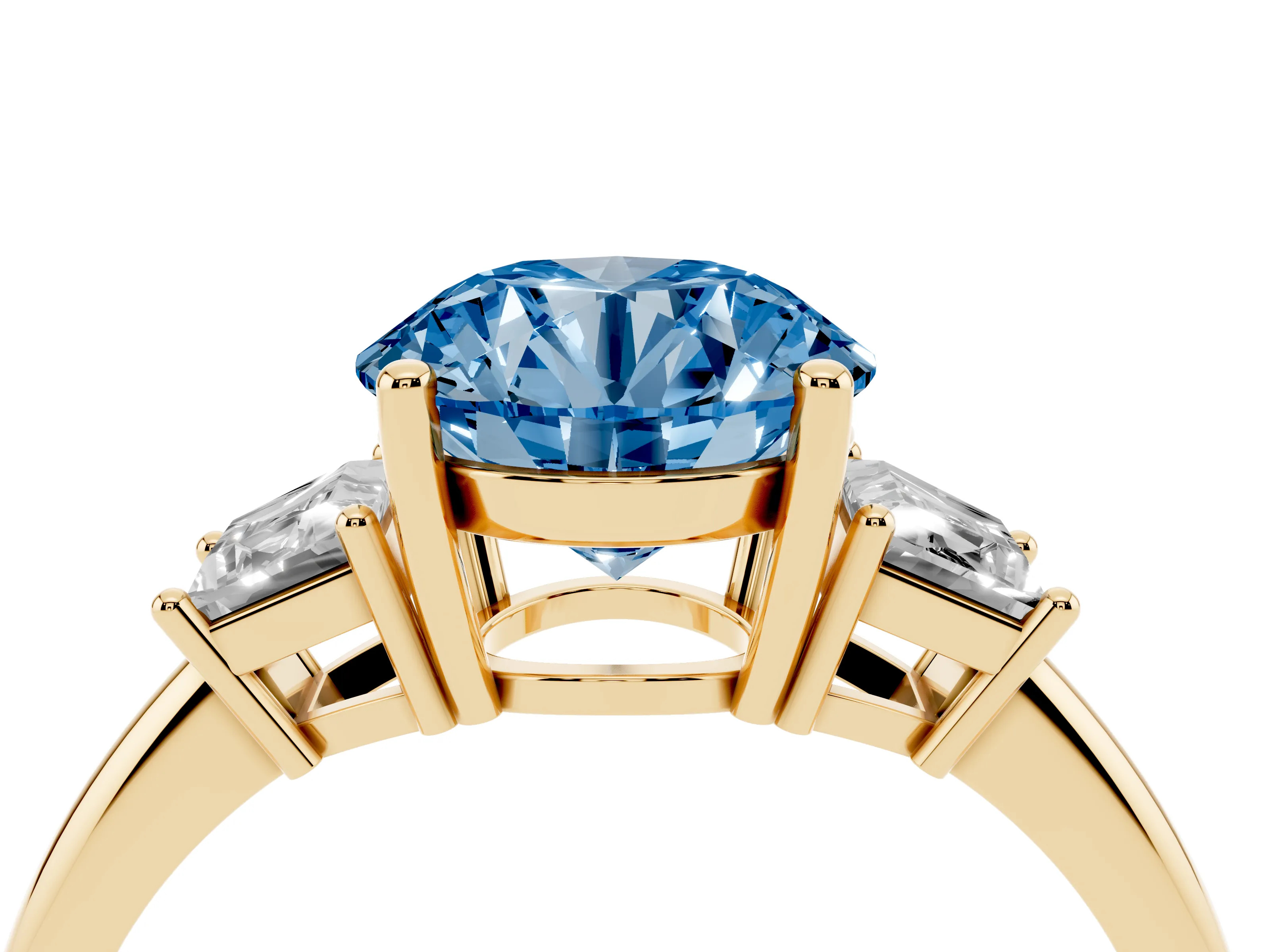 Fancy Blue Round Cut Diamond Three-Stone Ring Set in Yellow gold with Trapezoid Side Stones and Prong Setting