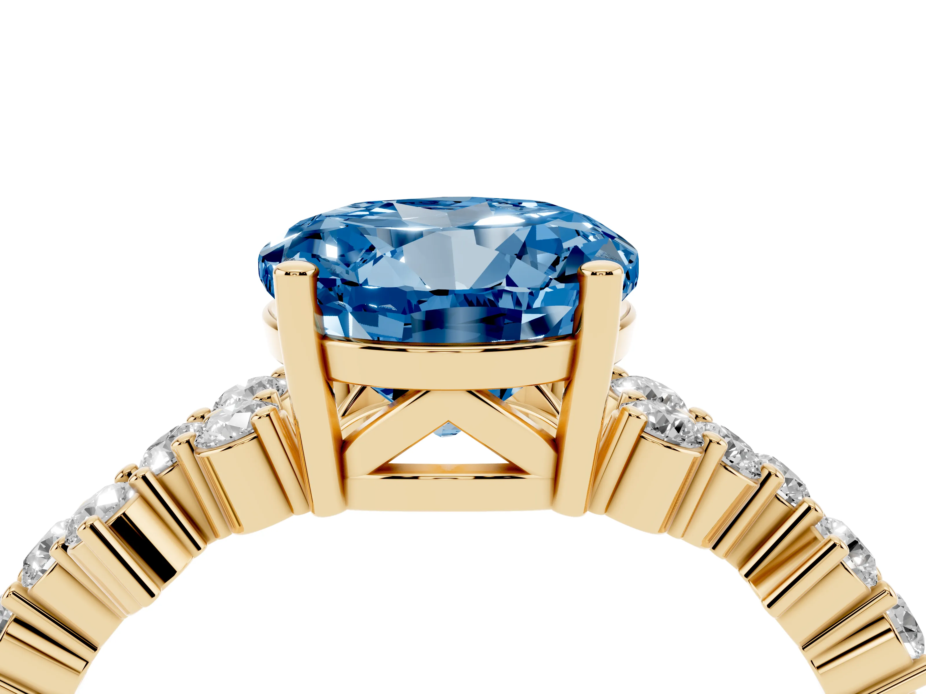 Fancy Blue Round Cut Diamond Ring Set in Yellow gold with Scattered Round Accents