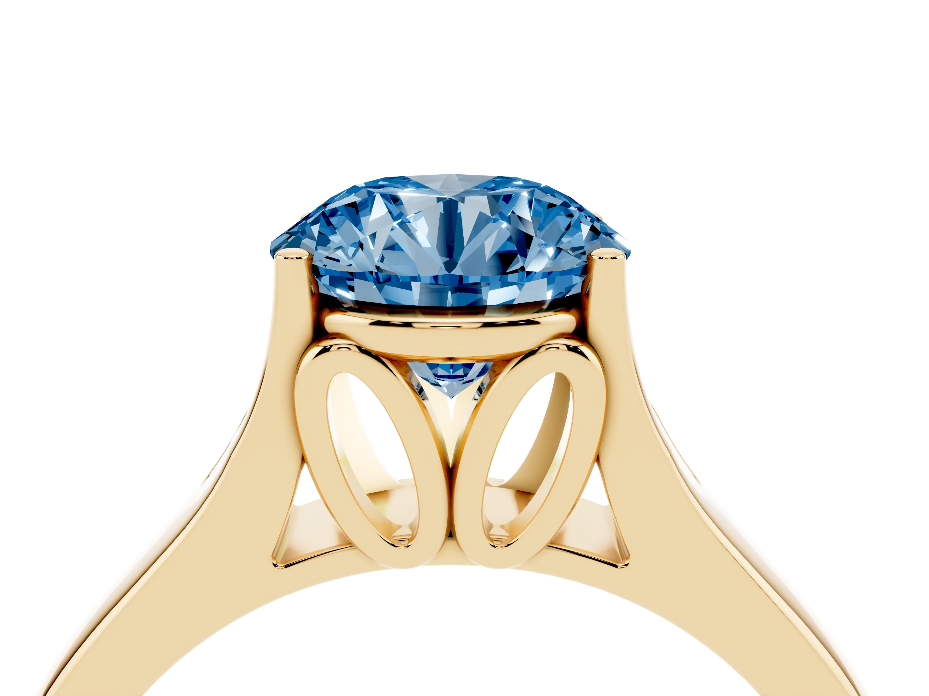 Fancy Blue Round Cut Diamond Solitaire Ring Set in Yellow gold with Arched Cathedral Band and Prong Setting
